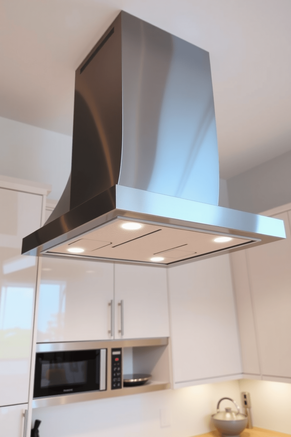 A modern kitchen hood with a sleek stainless steel finish creates a contemporary focal point above the cooking area. The design features clean lines and a minimalist aesthetic, seamlessly integrating with the surrounding cabinetry and appliances. The hood is suspended from the ceiling, allowing for optimal ventilation while maintaining an open feel in the kitchen. Accent lighting highlights its polished surface, adding a touch of sophistication to the overall kitchen design.