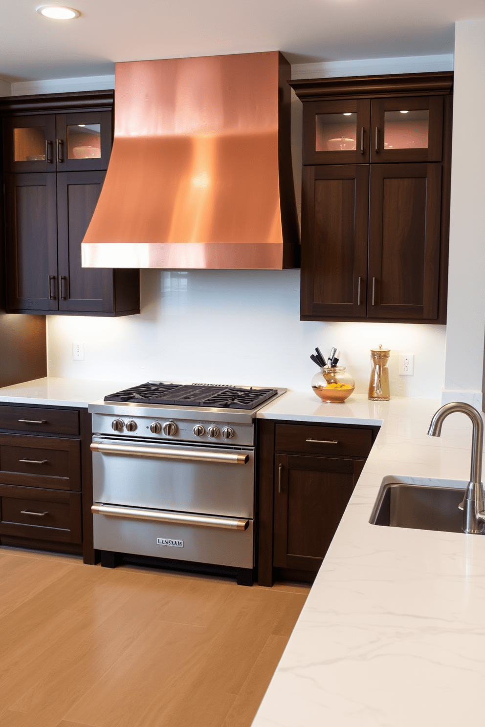 A stunning kitchen with a sleek copper hood that serves as the centerpiece. The cabinetry is a rich dark wood, complementing the warm tones of the copper while providing a luxurious feel. The countertops are a light marble with subtle veining, enhancing the overall elegance of the space. Soft ambient lighting highlights the copper accents, creating a welcoming atmosphere perfect for entertaining.