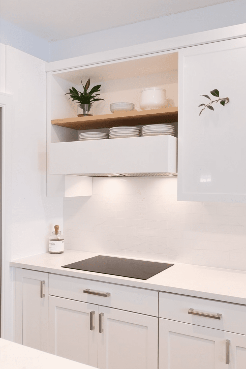 A modern kitchen featuring an integrated hood seamlessly built into the cabinetry. The cabinetry is a sleek white with brushed nickel handles, creating a clean and contemporary look. The hood is subtly designed to blend with the cabinetry, maintaining a minimalist aesthetic. Above the hood, open shelving displays elegant dishware and decorative plants, adding warmth to the space.