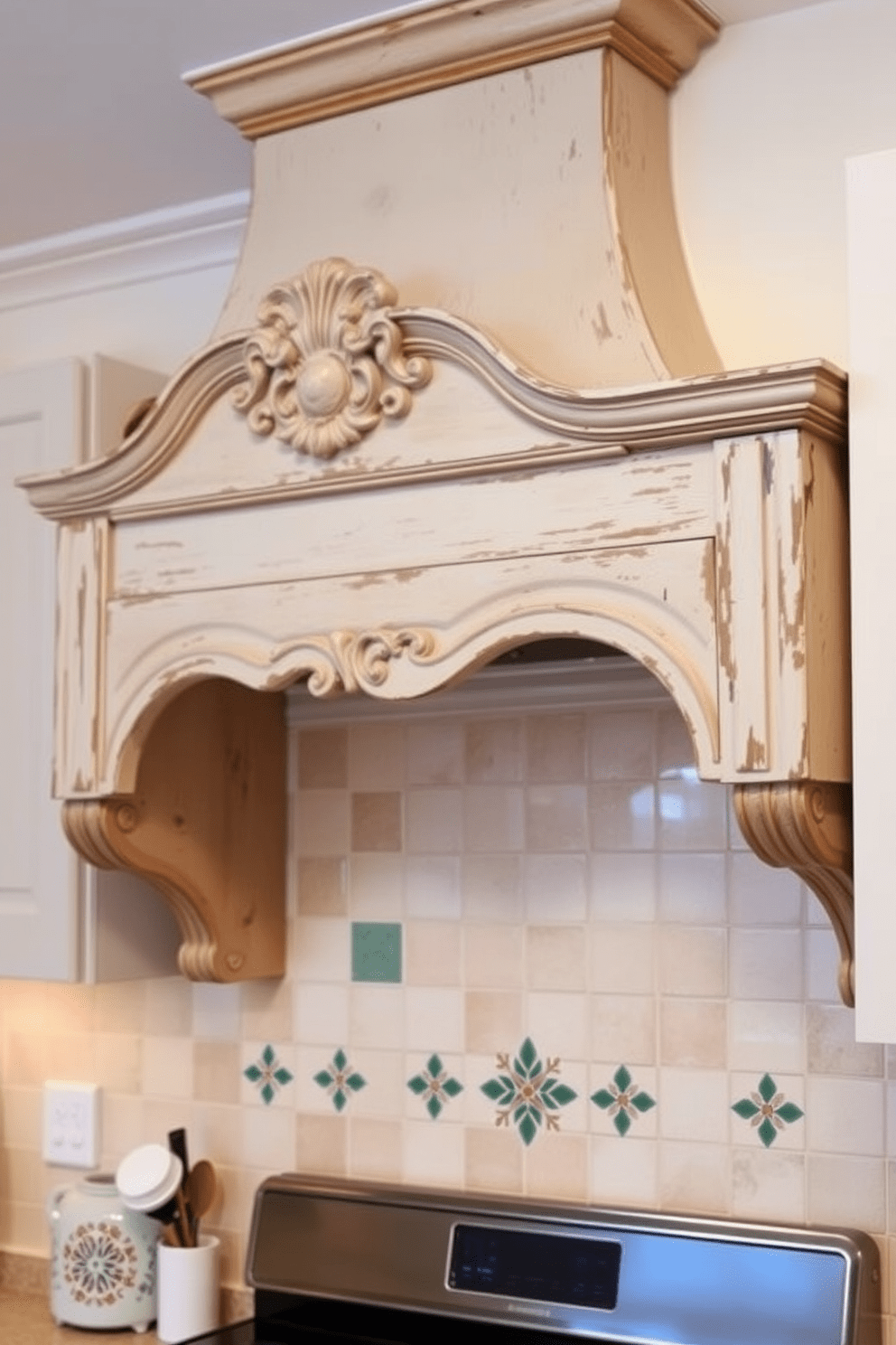 A charming vintage-inspired kitchen hood features intricate woodwork and a distressed finish that adds character to the space. The hood is complemented by decorative tiles in soft pastel colors, creating a warm and inviting atmosphere.