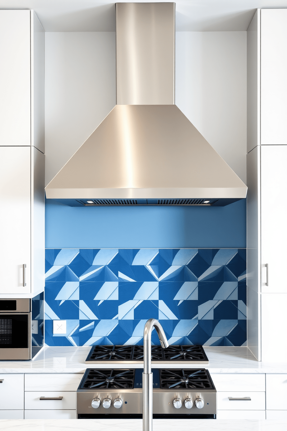 A contemporary kitchen featuring a sleek geometric hood that serves as a focal point above the cooking area. The hood has sharp angles and a polished stainless steel finish, complementing the minimalist cabinetry and quartz countertops. Incorporate bold geometric patterns in the backsplash to enhance the modern aesthetic. The overall color scheme includes crisp whites and deep blues, creating a striking contrast that elevates the kitchen's design.