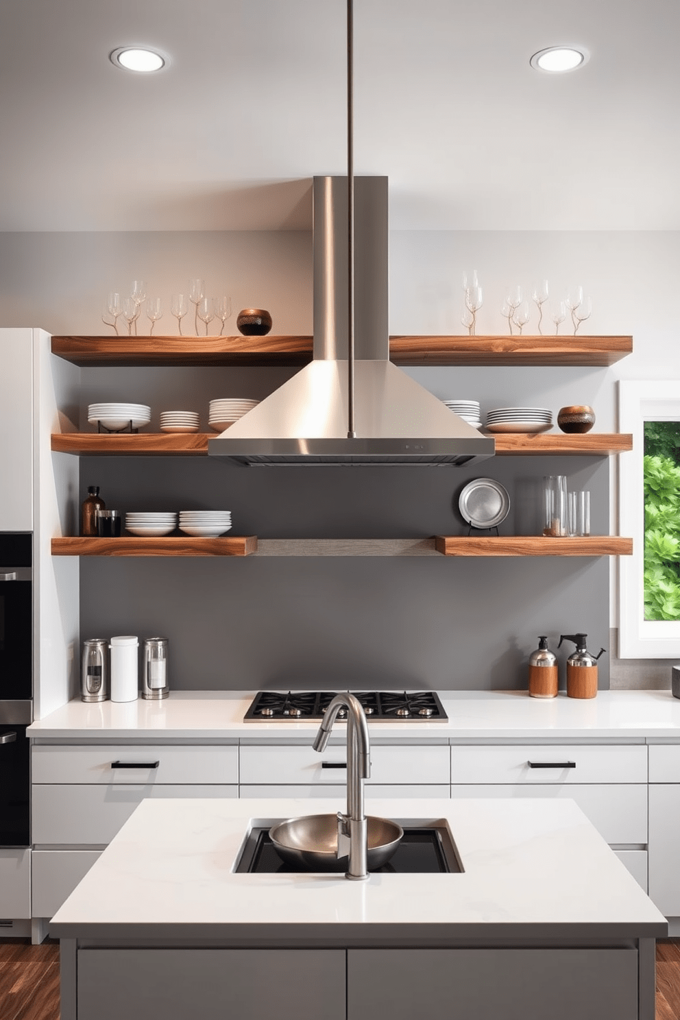 A modern kitchen featuring open shelving above the countertops, showcasing neatly arranged dishes and decorative items. The shelves are crafted from reclaimed wood, adding warmth to the sleek white cabinetry below. A stylish kitchen hood design that complements the overall aesthetic, with a stainless steel finish and a minimalist shape. The hood is suspended above a large central island, creating a focal point in the space while providing efficient ventilation.