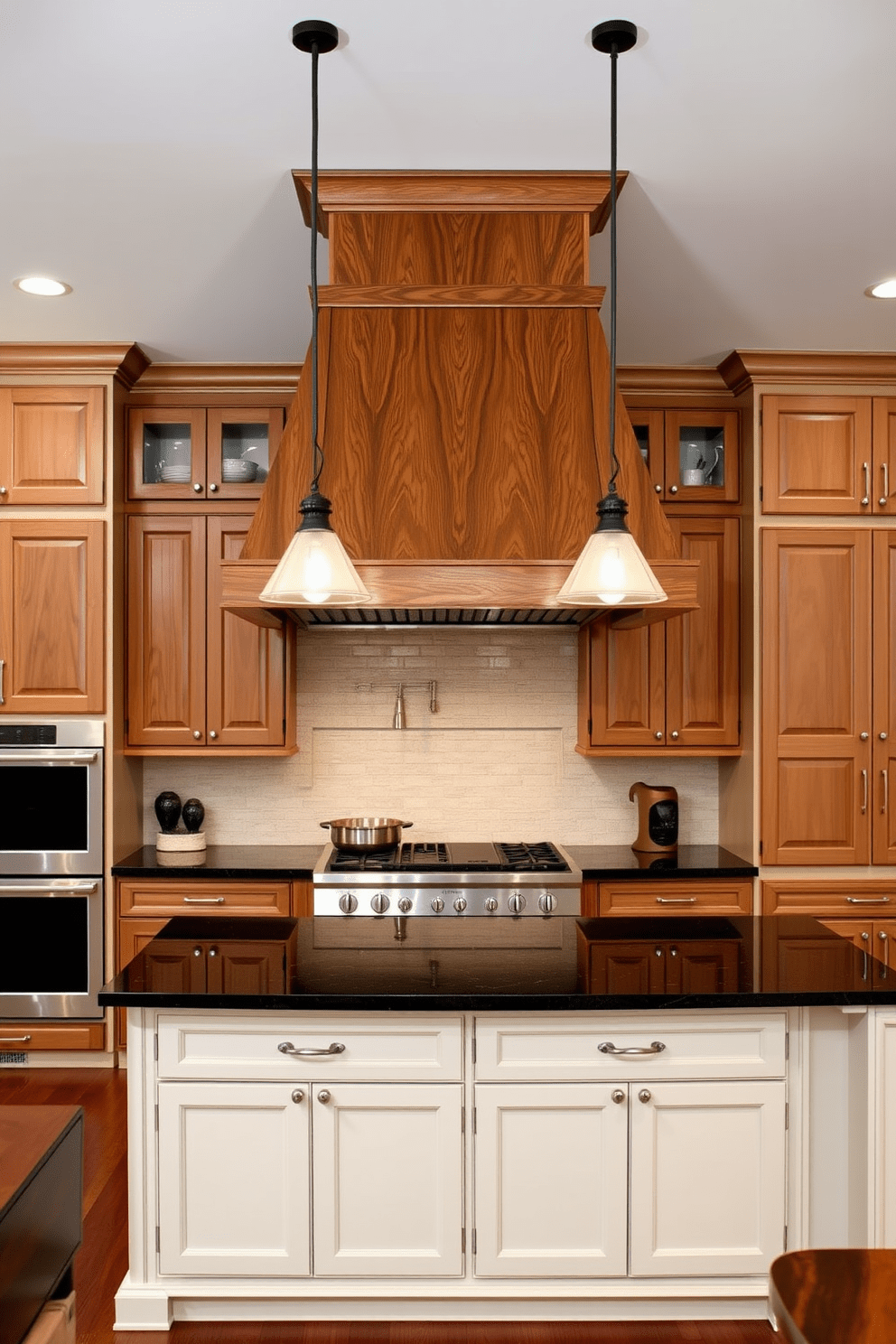 A transitional kitchen featuring a sleek custom hood that combines traditional craftsmanship with modern materials. The hood is made of brushed stainless steel with intricate wood detailing, seamlessly integrating with the surrounding cabinetry. The kitchen has a spacious layout with an island at the center, topped with a rich dark granite surface. Elegant pendant lights hang above the island, adding a contemporary touch to the warm, inviting atmosphere.