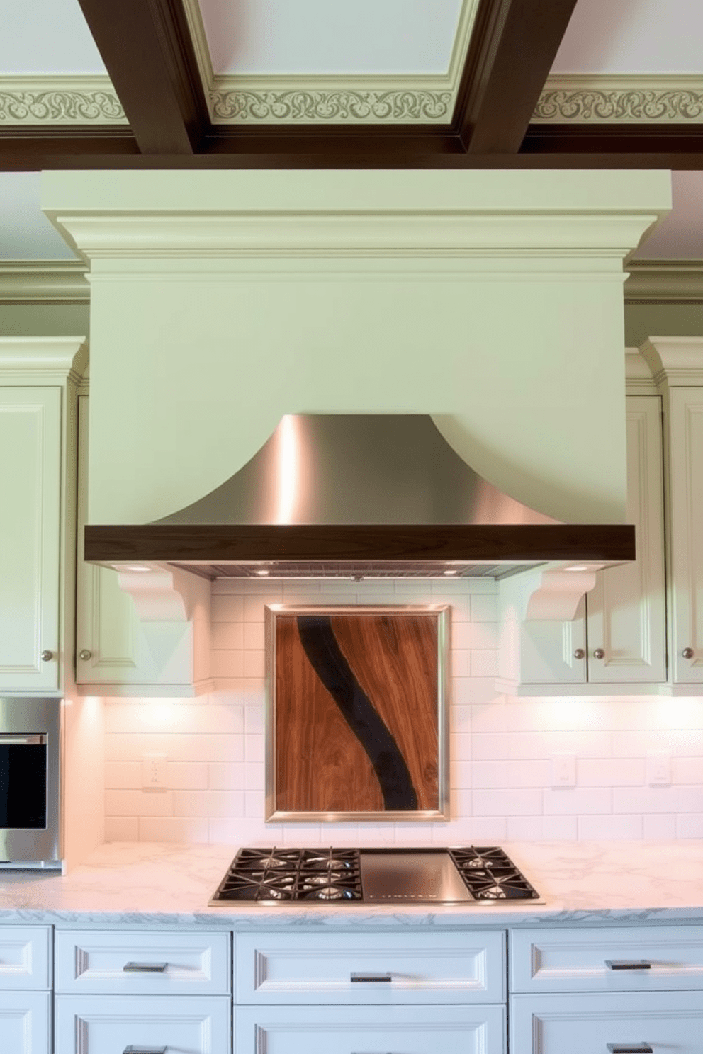 A stunning kitchen features decorative crown molding that enhances the elegance of the space. The intricate detailing of the crown molding adds a sophisticated touch to the overall aesthetic. The kitchen hood is designed with a sleek, modern look that complements the cabinetry. It incorporates a blend of materials, such as stainless steel and wood, to create a focal point above the cooking area.