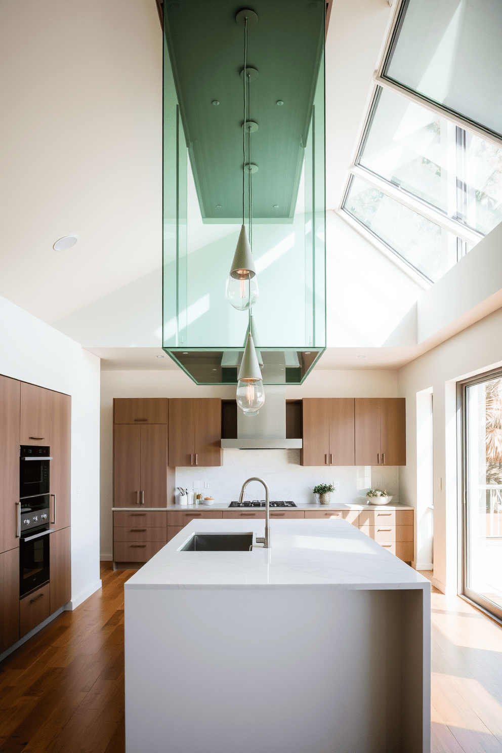 A modern kitchen features a glass-fronted hood that enhances the airy ambiance of the space. The hood is elegantly integrated above a sleek kitchen island, surrounded by minimalist cabinetry and a polished stone countertop. Natural light floods the room through large windows, accentuating the clean lines and contemporary design. Stylish pendant lights hang above the island, providing both functionality and a touch of sophistication.