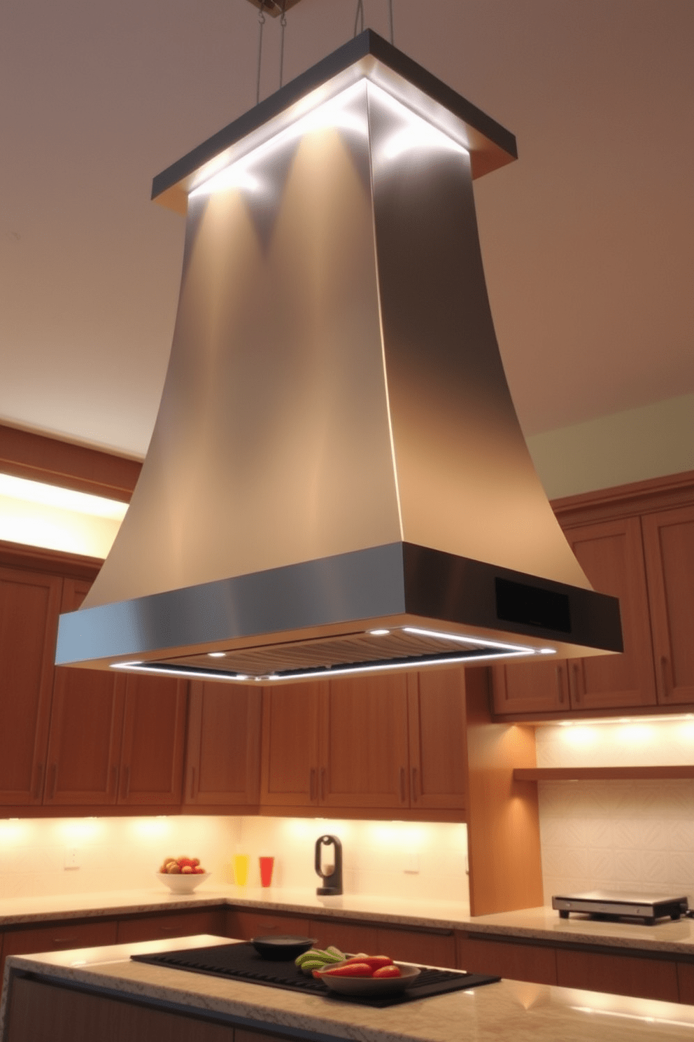 A modern kitchen hood features sleek lines and integrated LED lighting that enhances the overall ambiance of the space. The design is finished in a brushed stainless steel, seamlessly blending with the surrounding cabinetry. The hood is positioned above a large kitchen island, providing both functionality and style. Underneath, the warm glow of the lighting highlights the beautiful countertop and creates an inviting atmosphere for cooking and entertaining.