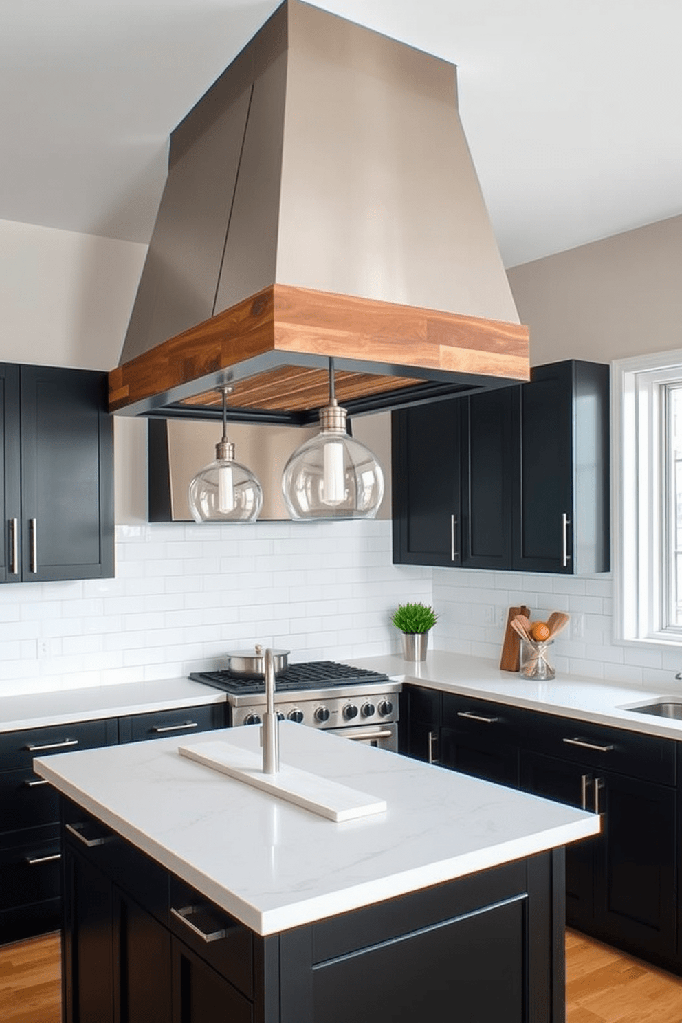 A modern kitchen featuring a striking hood made of brushed metal and reclaimed wood. The hood is complemented by sleek cabinetry in a matte black finish and a white subway tile backsplash. Above the island, pendant lights made of glass and metal add a touch of elegance. The countertop is a mix of quartz and butcher block, creating a warm and inviting atmosphere.