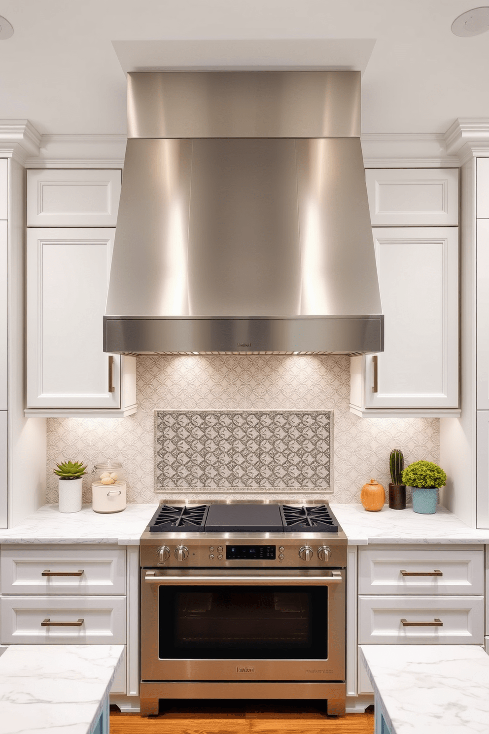 A stunning kitchen featuring an oversized hood that serves as the focal point of the space. The hood is crafted from brushed stainless steel and is complemented by elegant cabinetry in a soft white finish. Beneath the hood, a spacious cooking range is flanked by marble countertops that add sophistication. The backsplash is adorned with intricate tile work, creating a beautiful contrast against the modern appliances.