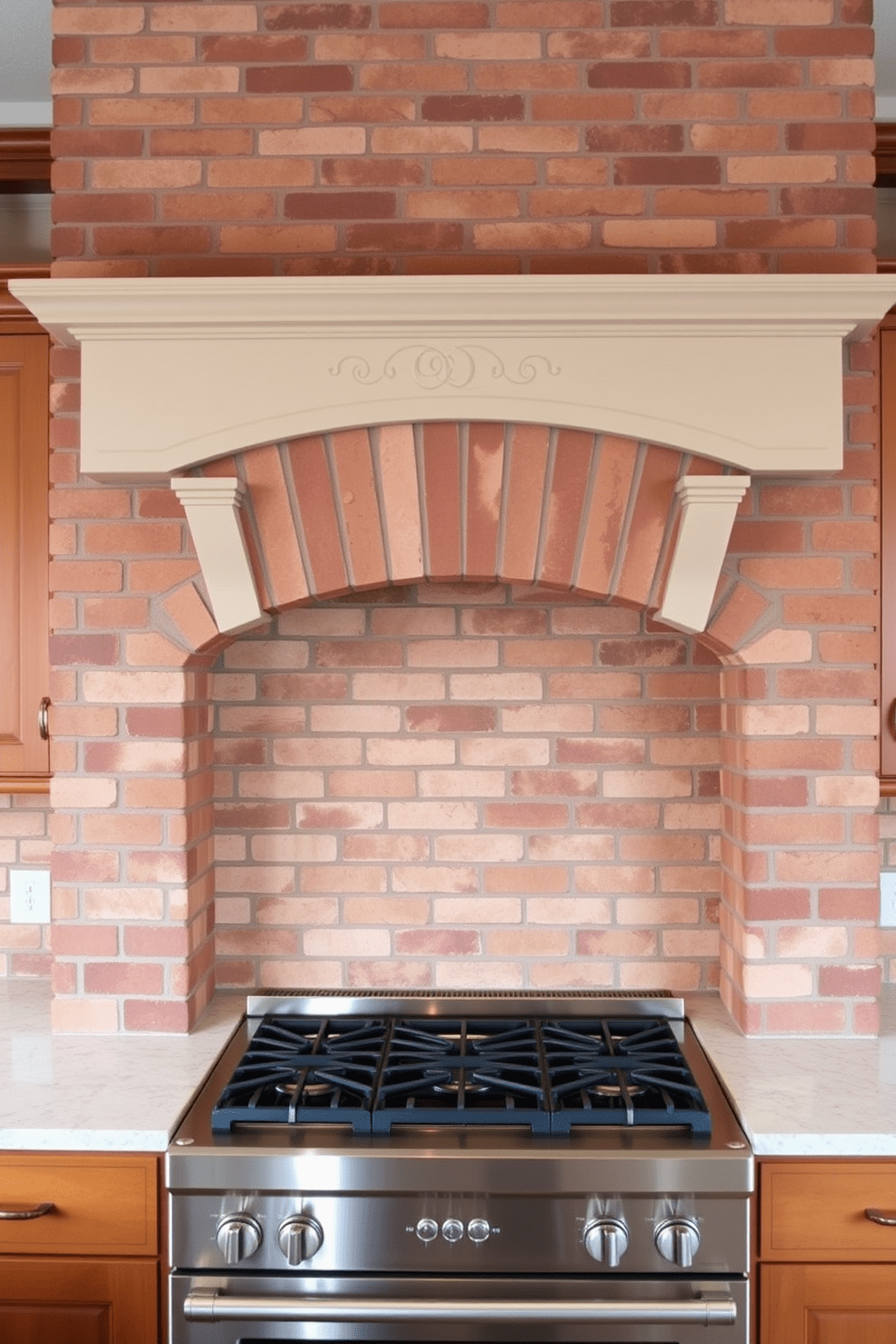 A classic brick surround frames the kitchen hood, adding a touch of timeless elegance to the space. The warm tones of the brick contrast beautifully with sleek cabinetry and modern appliances, creating a harmonious blend of old and new. The kitchen hood features intricate detailing that complements the rustic charm of the brick. This design not only serves as a functional element but also as a stunning focal point that enhances the overall aesthetic of the kitchen.