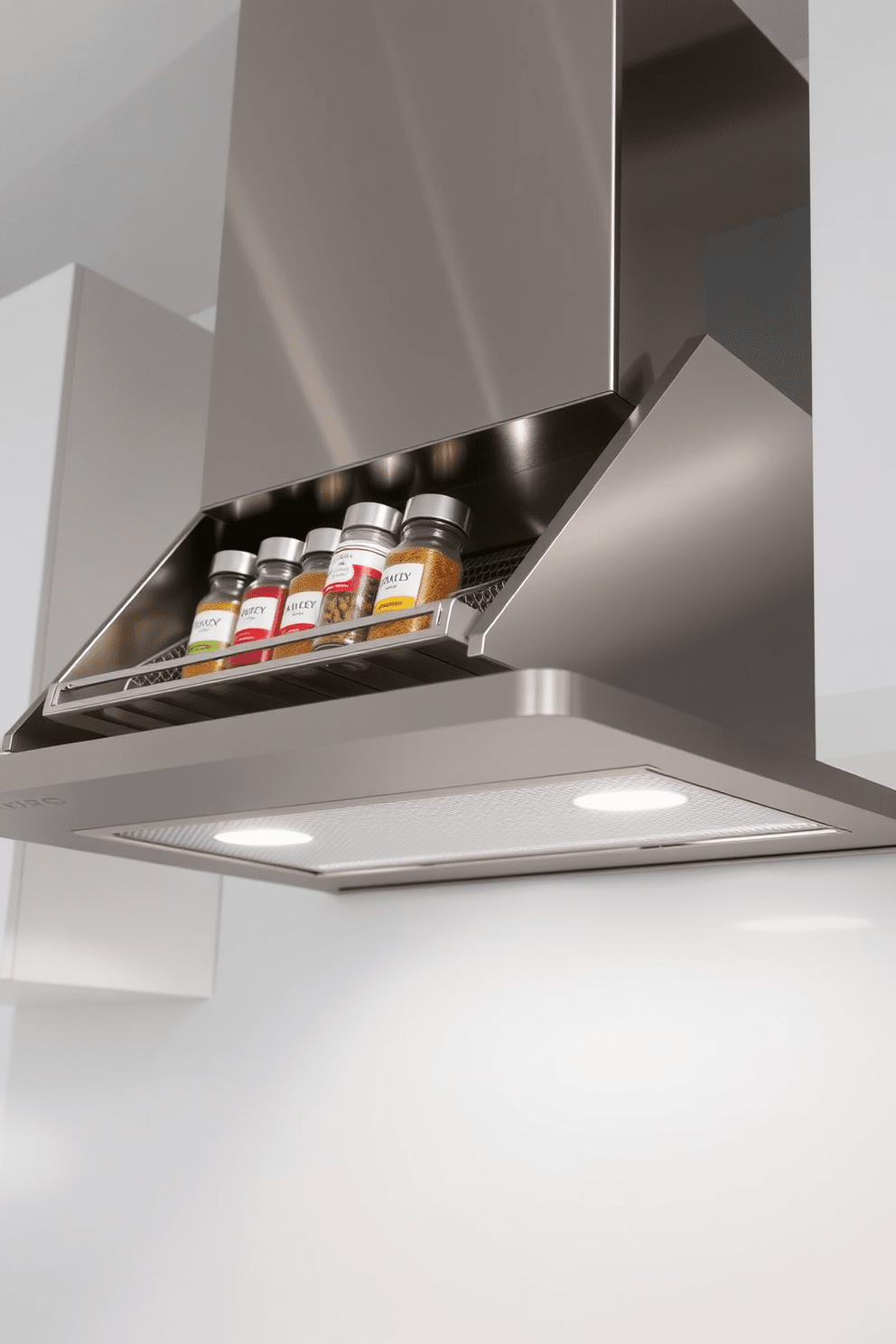 A modern kitchen hood featuring a sleek design with a built-in spice rack for easy access. The hood is finished in stainless steel with soft LED lighting that highlights the spice jars arranged neatly on the rack.