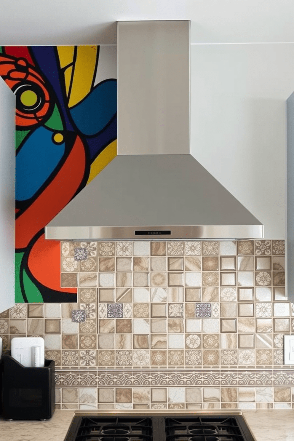 A striking artistic mural serves as the backdrop for a modern kitchen hood, featuring vibrant colors and abstract patterns that draw the eye. The hood itself is sleek and stainless steel, complementing the mural while adding a contemporary touch to the overall kitchen design. Alternatively, a beautifully tiled backsplash with intricate designs frames the kitchen hood, creating a cohesive look that enhances the space. The tiles incorporate a mix of textures and colors, making the hood a standout feature in this stylish culinary environment.