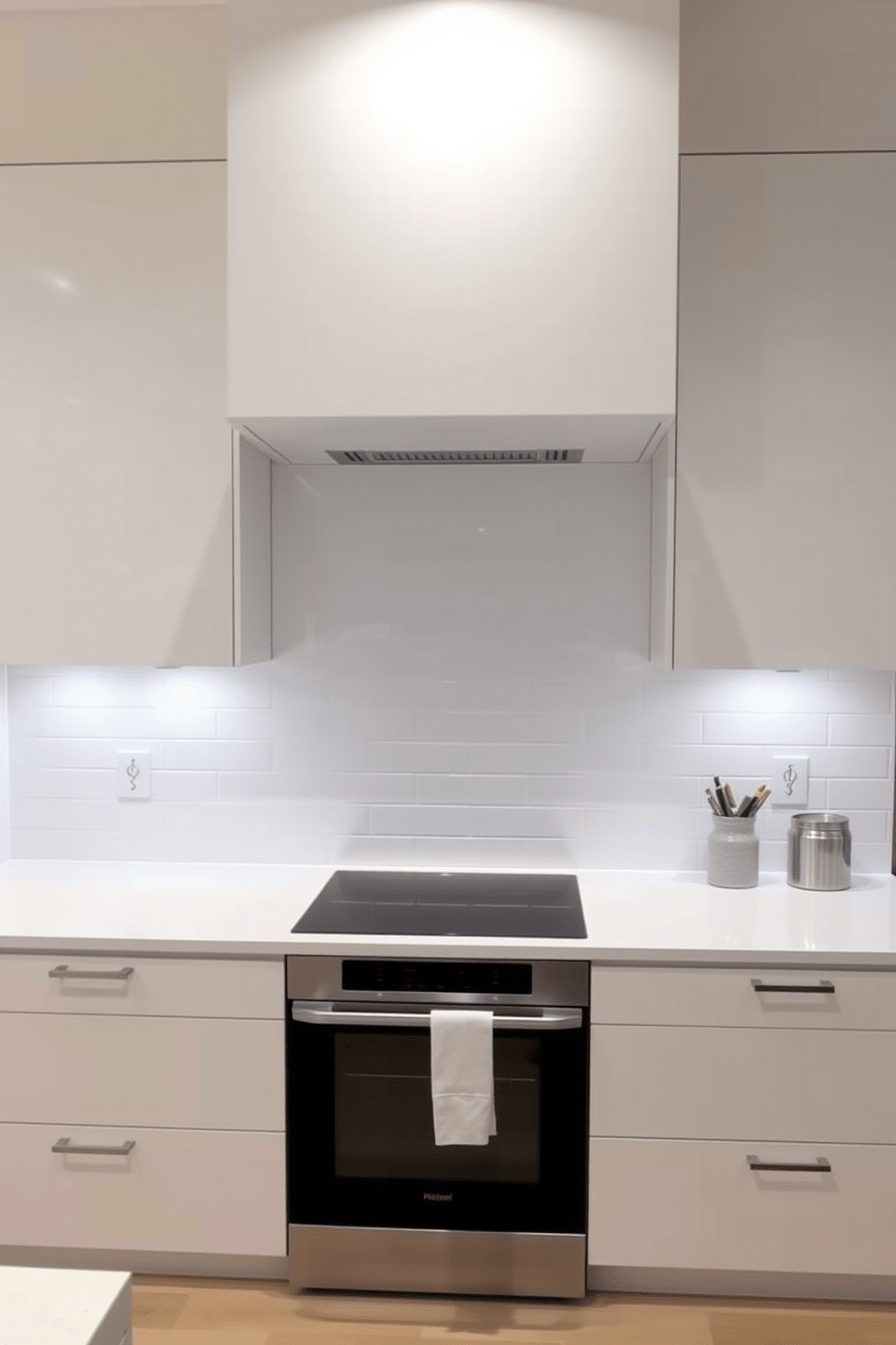 A sleek kitchen hood design that seamlessly integrates into a white-on-white color scheme. The hood features clean lines and a minimalist aesthetic, blending effortlessly with the surrounding cabinetry and walls. The countertop is a pristine white quartz, complementing the glossy white cabinets below. Subtle lighting under the cabinets highlights the elegant simplicity of the space while maintaining a bright and airy feel.