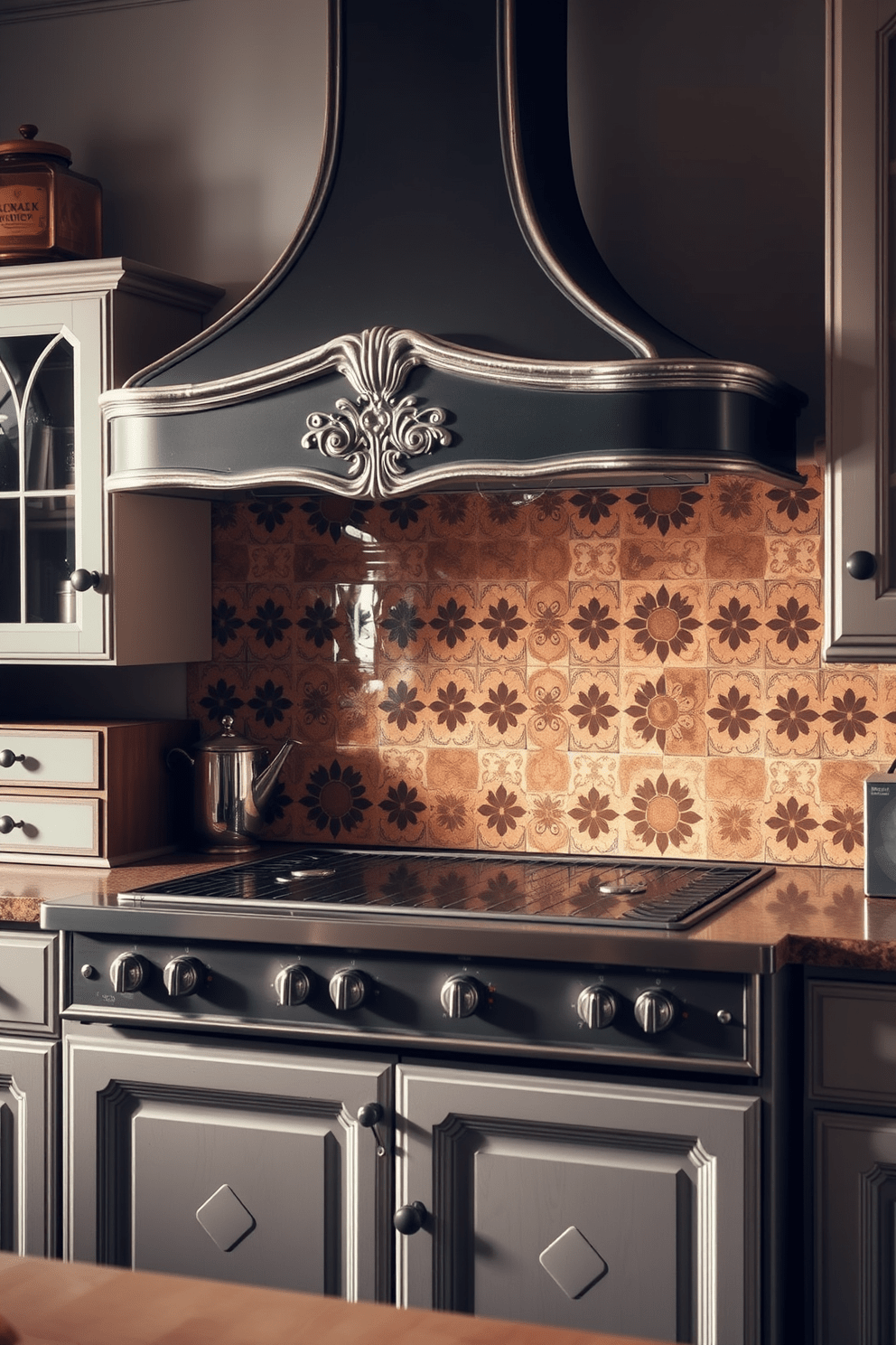 A vintage kitchen setting featuring a retro tile pattern on the backsplash that adds character and warmth to the space. The kitchen hood is elegantly designed with intricate details, complementing the vintage aesthetic while providing modern functionality.