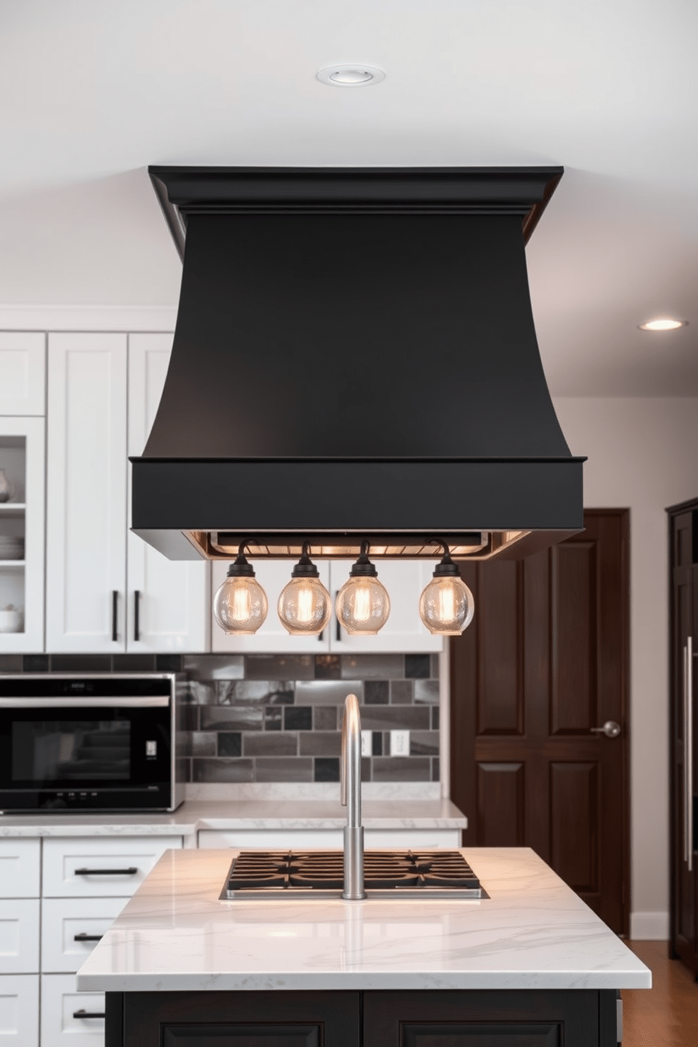 A bold black matte finish kitchen hood serves as the centerpiece above a spacious kitchen island. The hood's sleek lines and modern design contrast beautifully with the surrounding white cabinetry and marble countertops. Underneath the hood, pendant lights with warm tones illuminate the cooking area, creating an inviting atmosphere. The combination of the matte finish and polished surfaces adds a sophisticated touch to the overall kitchen aesthetic.