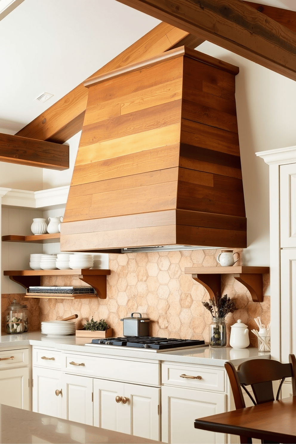 A charming farmhouse kitchen featuring exposed wooden beams that add warmth and character to the space. The focal point is a large, custom-designed kitchen hood made from reclaimed wood, complemented by vintage-style brass accents. The cabinetry is painted in a soft white, creating a bright and airy atmosphere. Rustic open shelving displays ceramic dishware and mason jars, enhancing the farmhouse aesthetic.