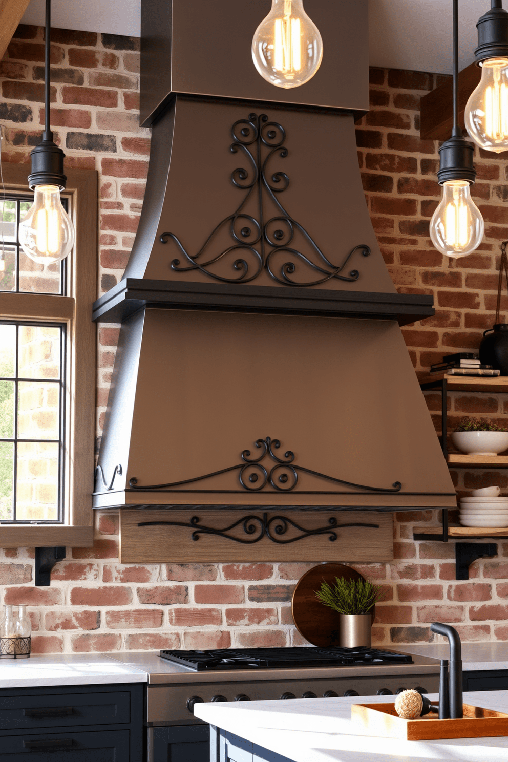 A striking kitchen hood design that combines industrial metal with vintage charm. The hood features a brushed steel finish with intricate wrought iron detailing and a distressed wood accent at the base. The backdrop includes exposed brick walls and open shelving made from reclaimed wood. Pendant lights with Edison bulbs hang above the kitchen island, enhancing the rustic yet modern aesthetic.