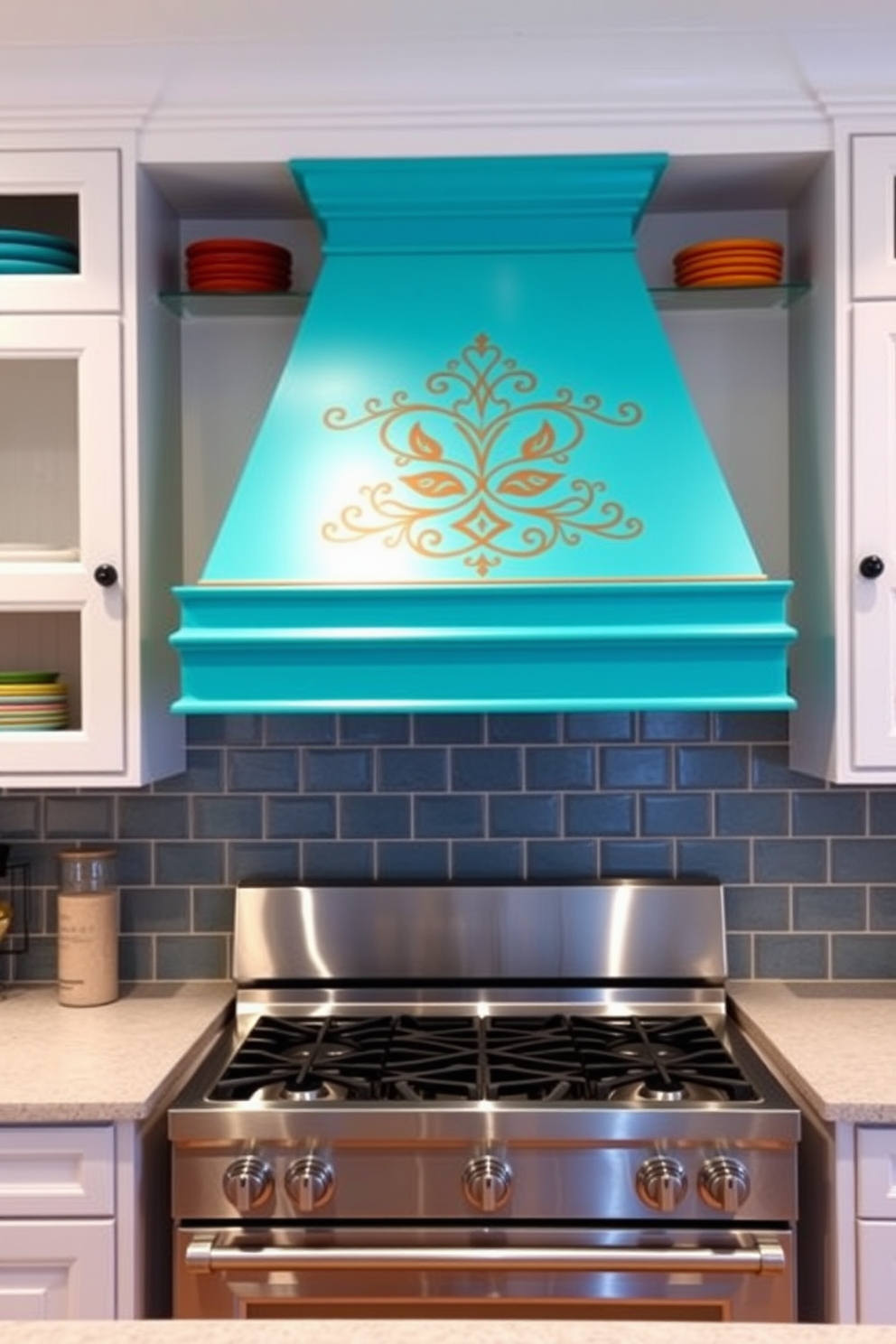 A vibrant kitchen hood painted in a bold turquoise color stands out against a backdrop of white cabinetry. Below the hood, a sleek stainless steel range complements the lively hue, creating a striking focal point in the kitchen. The hood features intricate hand-painted designs that add an artistic touch to the space. Surrounding the hood, open shelving displays colorful dishware, enhancing the cheerful atmosphere of the kitchen.