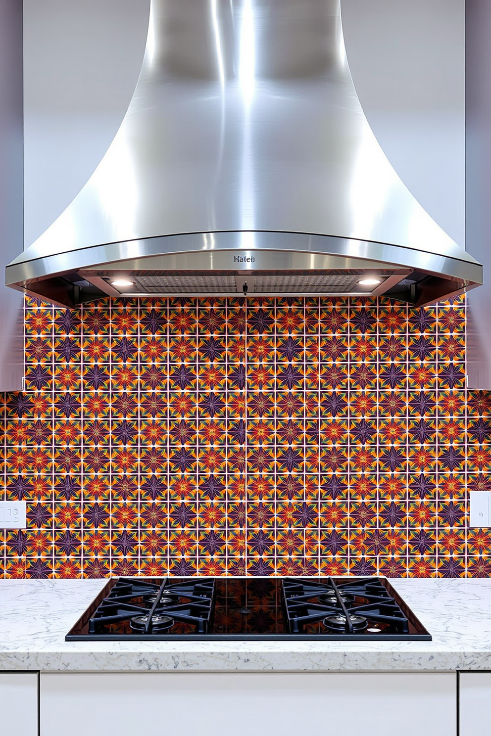 A custom tile design featuring intricate geometric patterns in vibrant colors adorns the kitchen backsplash. The tiles create a stunning visual impact, enhancing the overall aesthetic of the space. The kitchen hood design incorporates a sleek stainless steel finish with elegant curves, making it a focal point above the cooking area. The hood is complemented by ambient lighting that highlights its modern silhouette while providing functionality.