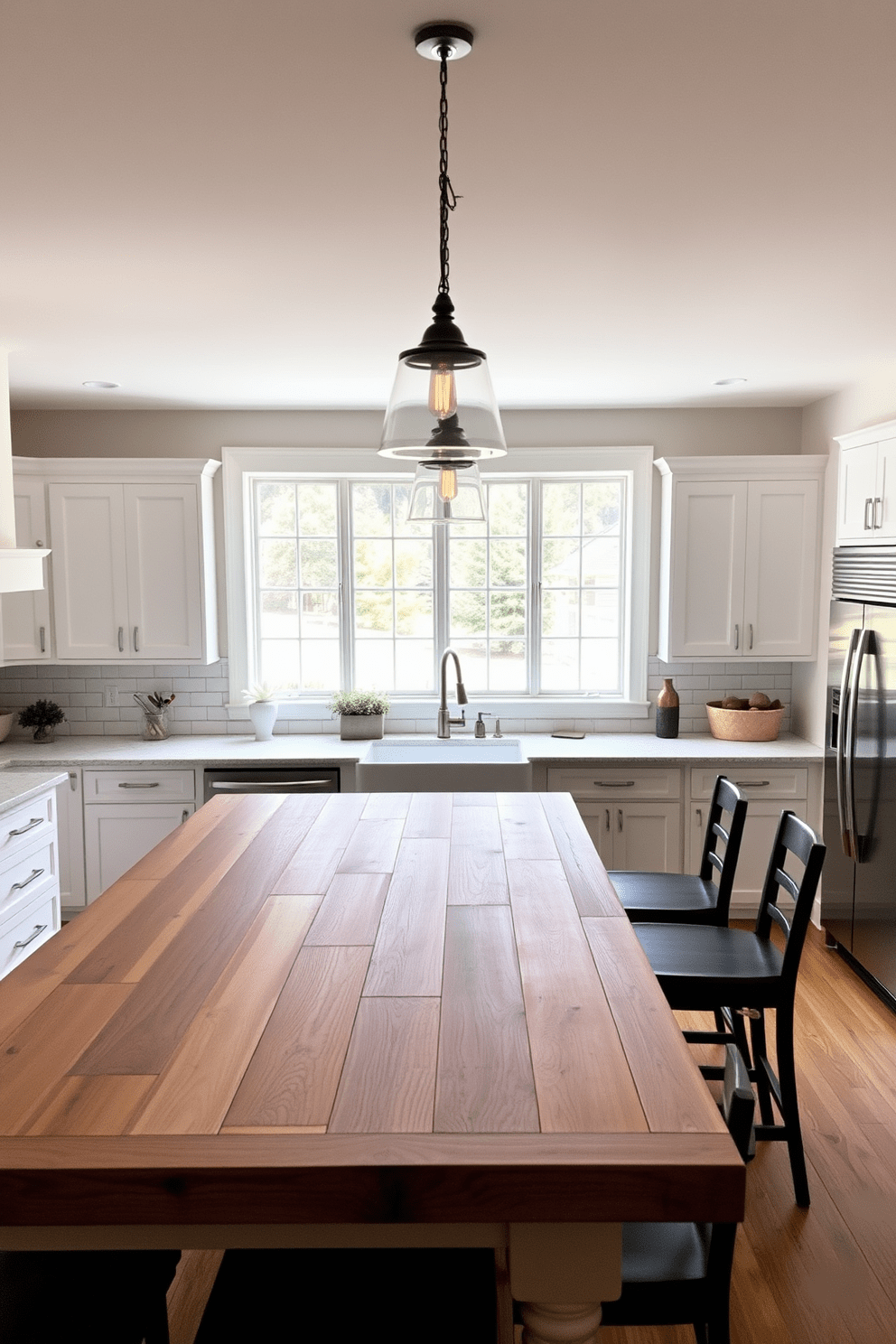 A modern farmhouse kitchen featuring a spacious island made of reclaimed wood. The island is surrounded by high-backed stools and adorned with pendant lighting hanging above. The cabinetry is painted in a soft white, contrasting beautifully with the warm tones of the wood. A farmhouse sink is installed under a large window, providing natural light and a view of the outdoors.