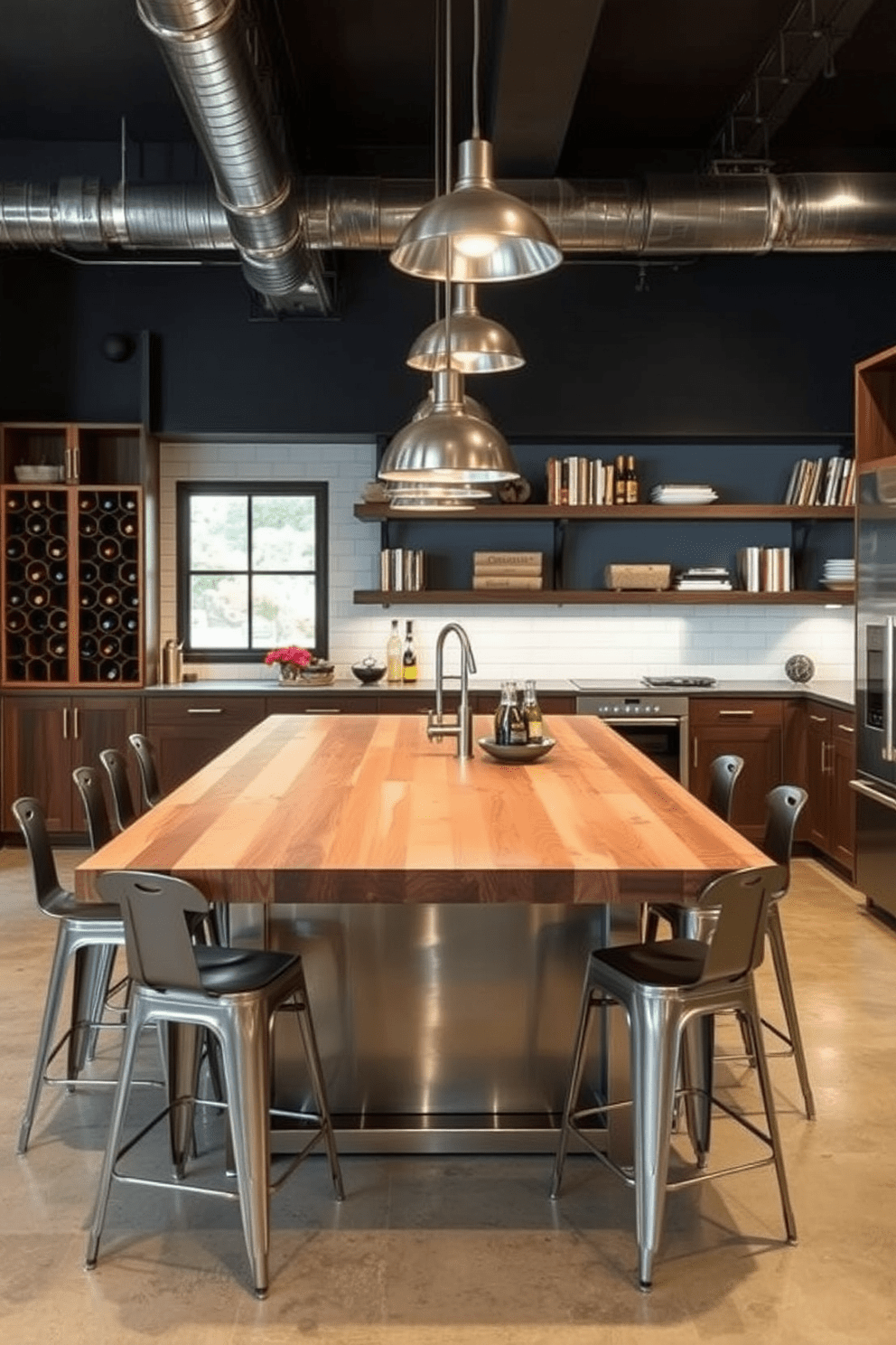 A sleek industrial kitchen features a large kitchen island made of reclaimed wood with a polished metal base. Above the island, stylish pendant lights hang, illuminating the space and highlighting the combination of raw materials. The island is surrounded by high-backed stools made of metal, creating a cohesive look. A built-in wine rack and open shelving add functionality while showcasing decorative items and cookbooks.