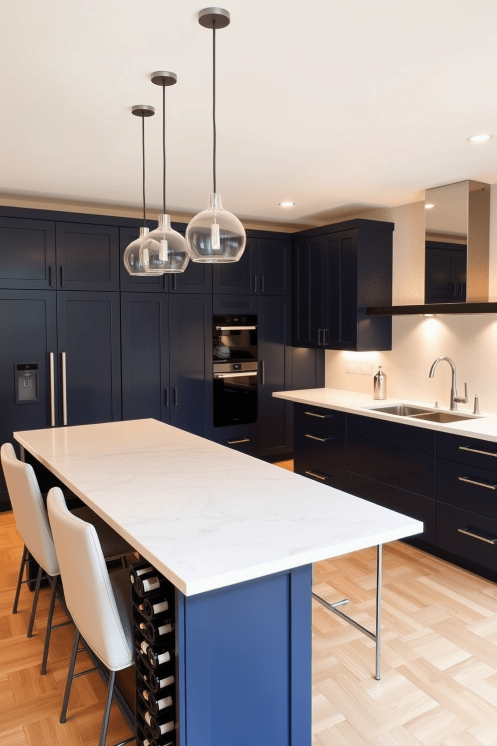 A modern kitchen island features a sleek design with a built-in wine rack on one side. The island is topped with a polished quartz surface, complemented by high-backed bar stools in a contrasting color. The cabinetry below the island is finished in a rich navy blue, providing a striking contrast to the light wood flooring. Pendant lights hang above the island, casting a warm glow over the space, enhancing the inviting atmosphere.