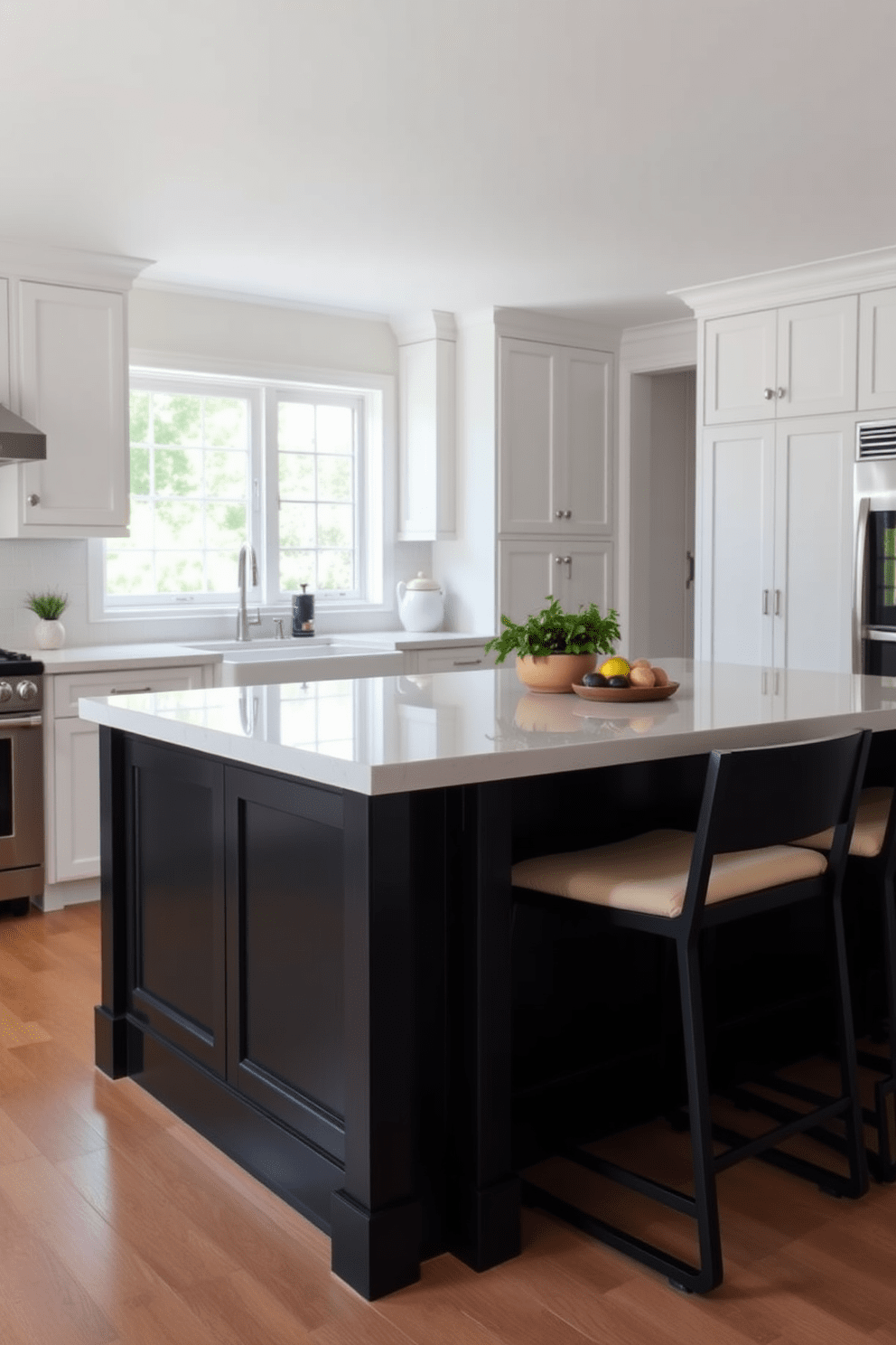 A classic white kitchen island features a smooth, polished countertop that reflects natural light beautifully. The contrasting dark base provides a striking visual anchor, creating an elegant balance in the overall kitchen design. Surrounding the island, sleek bar stools with cushioned seats invite casual dining and conversation. The island is adorned with decorative elements like a stylish fruit bowl and a few potted herbs for a touch of freshness.