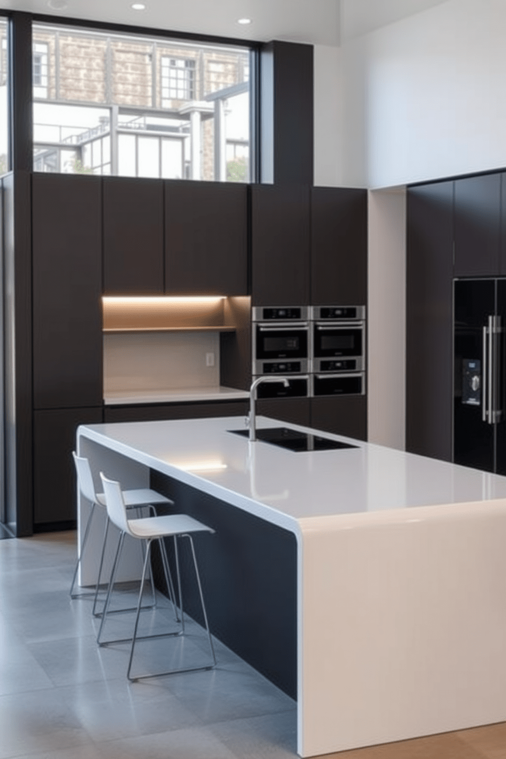 A contemporary kitchen island features sleek waterfall edges that cascade seamlessly from the countertop to the floor. The island is adorned with minimalist bar stools and integrated appliances, creating a functional yet stylish centerpiece for the kitchen.