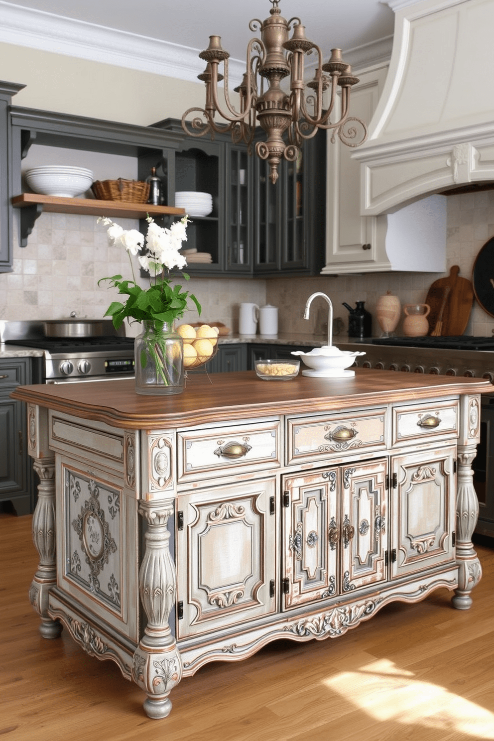 A vintage-inspired kitchen island features intricate antique finishes and a distressed wood surface. The island is adorned with ornate carvings and complemented by vintage brass hardware, creating a charming focal point in the kitchen.