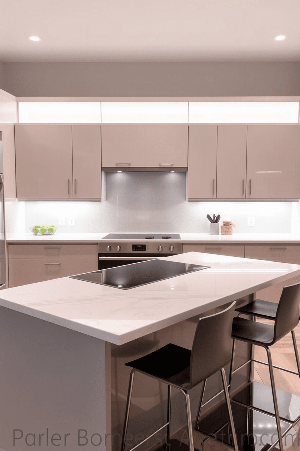 A modern kitchen island featuring a built-in cooktop for maximum efficiency. The island is surrounded by sleek bar stools and has a polished quartz countertop that complements the cabinetry. Under-cabinet lighting illuminates the space, highlighting the clean lines and minimalist design. The kitchen is adorned with a tasteful backsplash in a soft gray hue, adding a touch of elegance to the overall aesthetic.