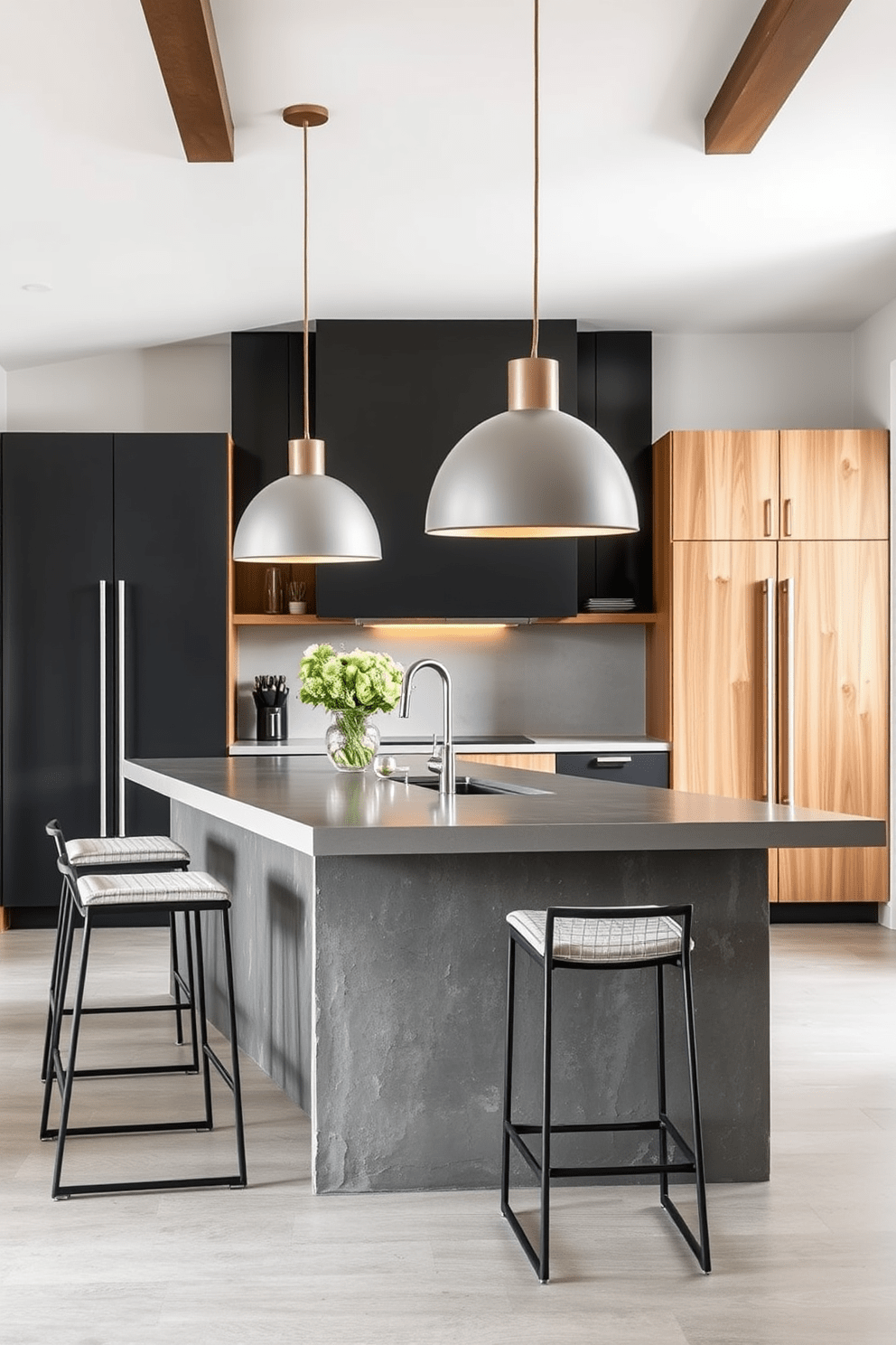 A textured concrete kitchen island serves as the centerpiece of this modern kitchen. The island features sleek lines and a minimalist design, complemented by high stools with metal frames and soft cushions. Surrounding the island, the cabinetry is a mix of matte black and natural wood finishes, creating a striking contrast. Large pendant lights hang above, casting warm light that enhances the inviting atmosphere of the space.