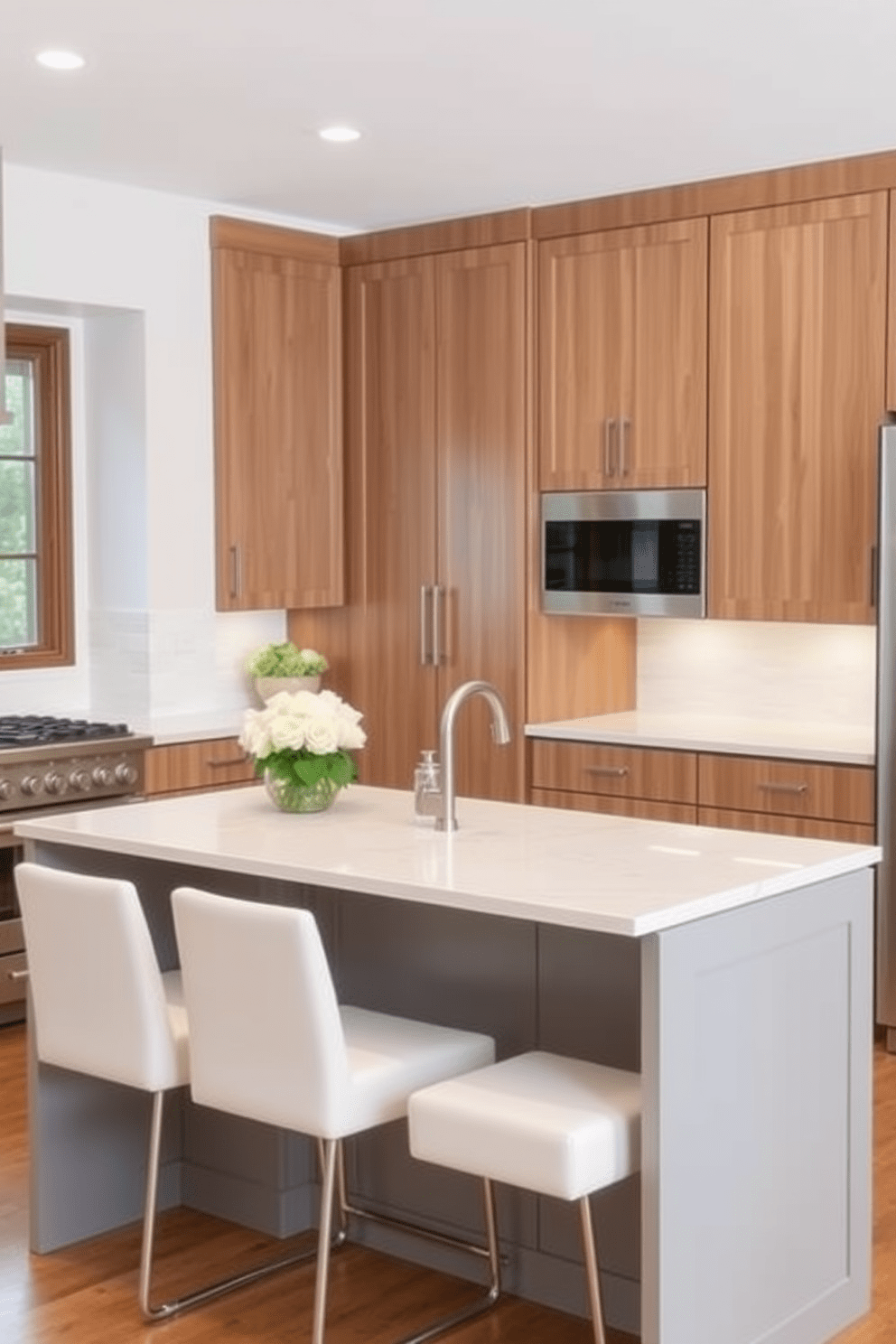 A contemporary kitchen island features a sleek design with an integrated breakfast bar that comfortably seats four. The island is finished in a soft gray with a polished white quartz countertop, creating a stylish contrast with the warm wood cabinetry surrounding it.