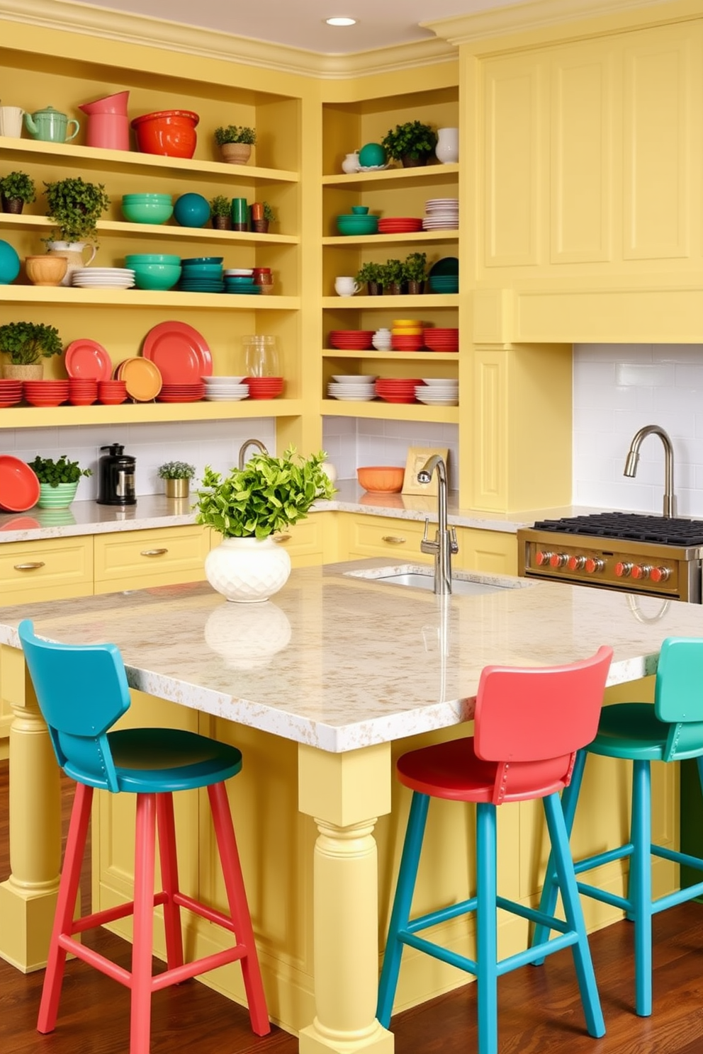 A bright and cheerful kitchen featuring a large island painted in a vibrant yellow hue. The island is adorned with colorful bar stools in shades of teal and coral, creating a lively atmosphere. The countertop is made of polished quartz with flecks of gold, adding a touch of elegance. Surrounding the island, the kitchen showcases open shelving filled with colorful dishware and potted herbs.