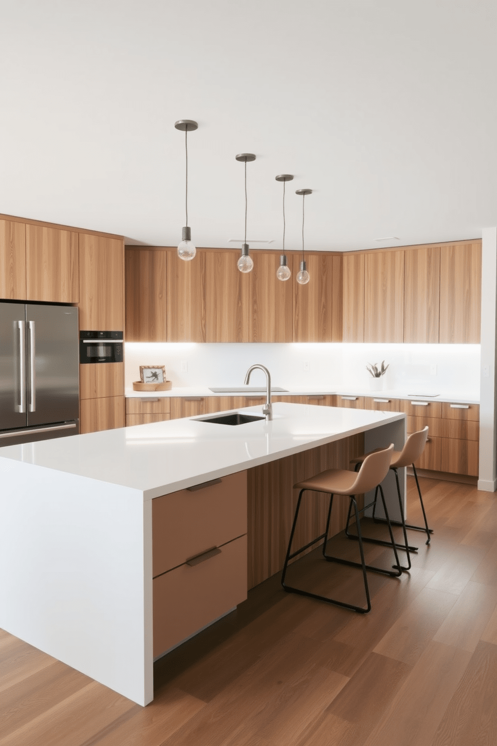 A sleek minimalist kitchen island features a smooth white countertop that seamlessly integrates with the cabinetry below. The island is designed with built-in seating on one side, accented by modern bar stools in a neutral tone. The overall aesthetic embraces a clean and uncluttered look, with subtle lighting fixtures hanging above to enhance the space. Surrounding the island, the kitchen showcases a harmonious blend of natural wood and stainless steel elements for a contemporary feel.