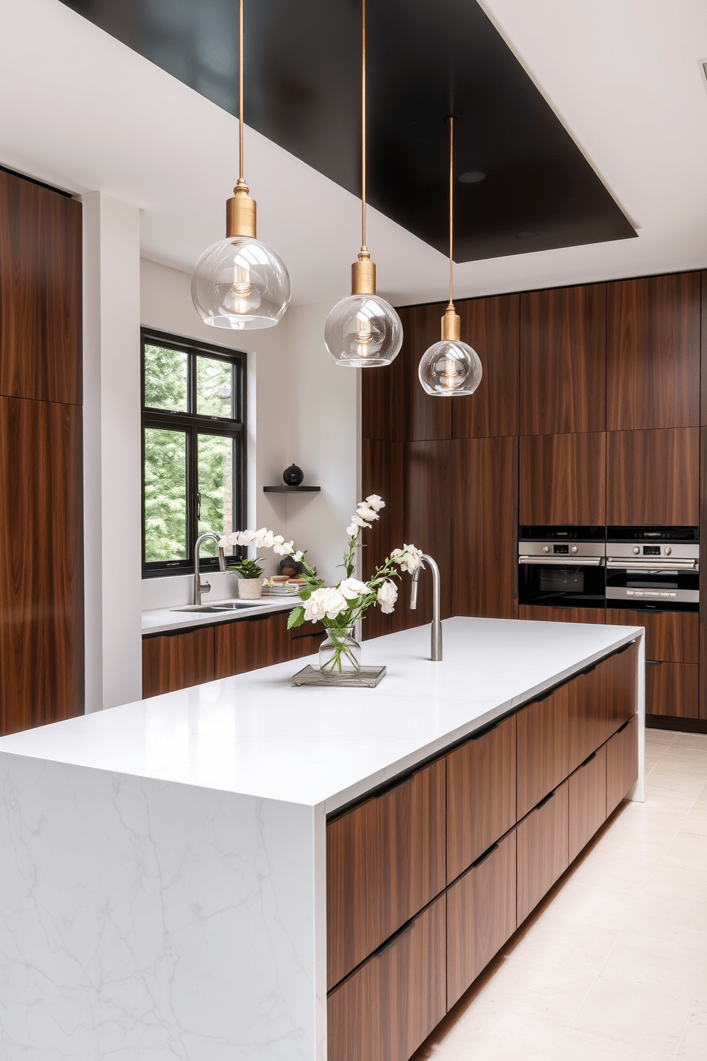 A stylish kitchen island features a sleek surface with a subtle grain finish that complements the overall decor. Pendant lighting fixtures hang gracefully above, casting a warm glow that enhances the inviting atmosphere of the space.