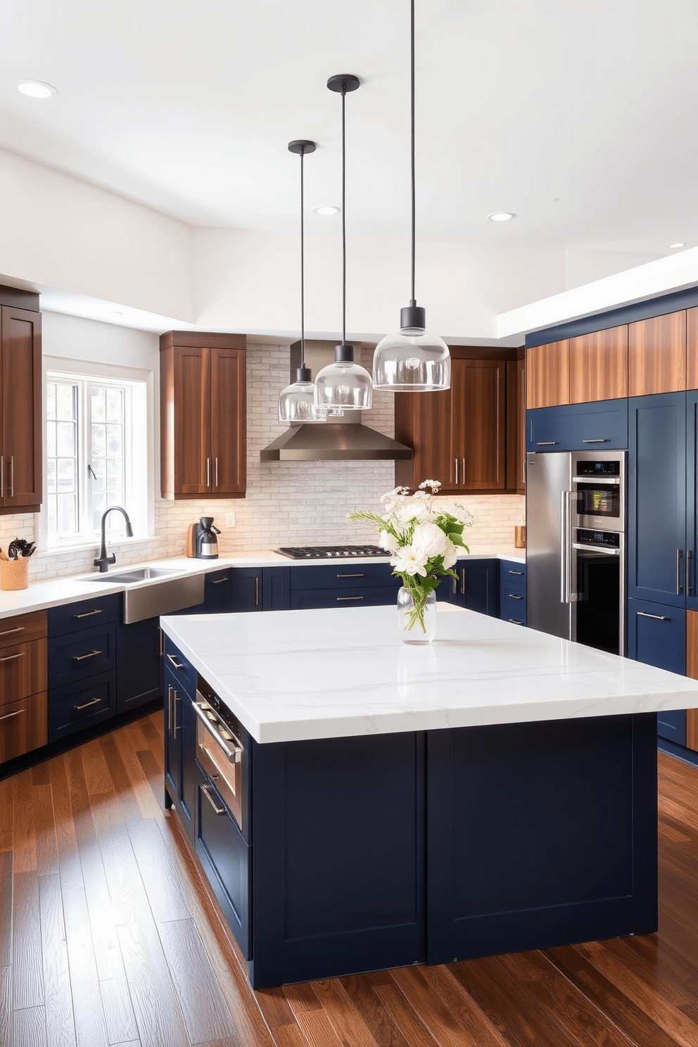 A spacious U-shaped kitchen island designed for optimal workflow. The island features a sleek quartz countertop with ample seating on one side and integrated appliances on the other. The cabinetry is a mix of deep navy and warm wood tones, providing both functionality and style. Pendant lights hang above the island, adding a modern touch while illuminating the workspace.