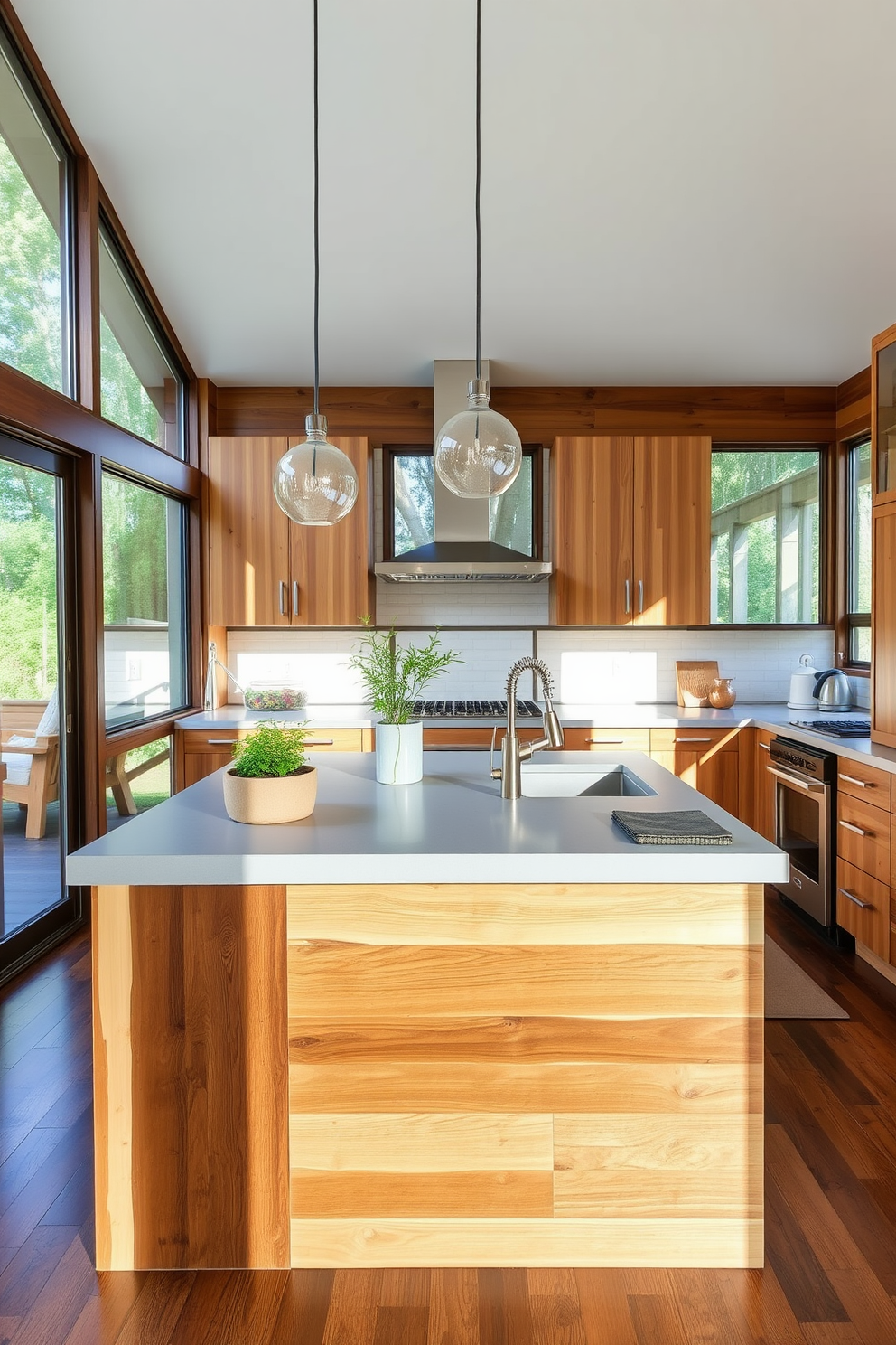 A modern kitchen island made from reclaimed wood with a polished concrete top. The island features built-in storage and a small herb garden on one side, complemented by pendant lights made from recycled glass. The surrounding kitchen has energy-efficient appliances and bamboo cabinetry. Large windows allow natural light to flood the space, enhancing the eco-friendly atmosphere.