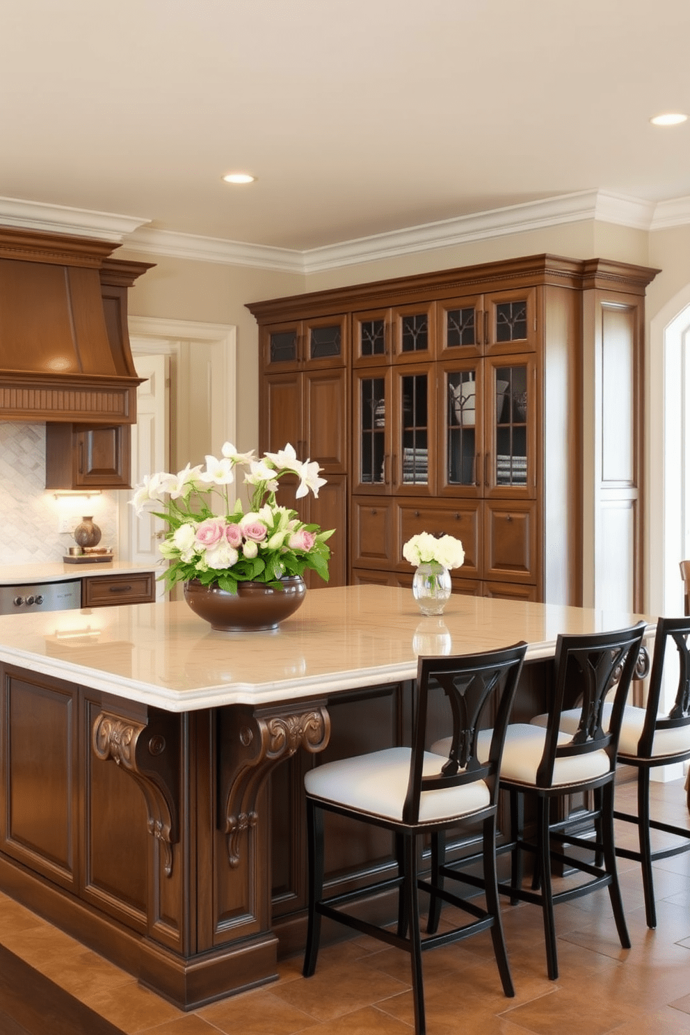 An elegant kitchen island features intricate decorative corbels that enhance its sophistication. The island is topped with a polished quartz surface, complemented by stylish bar stools that invite casual dining.