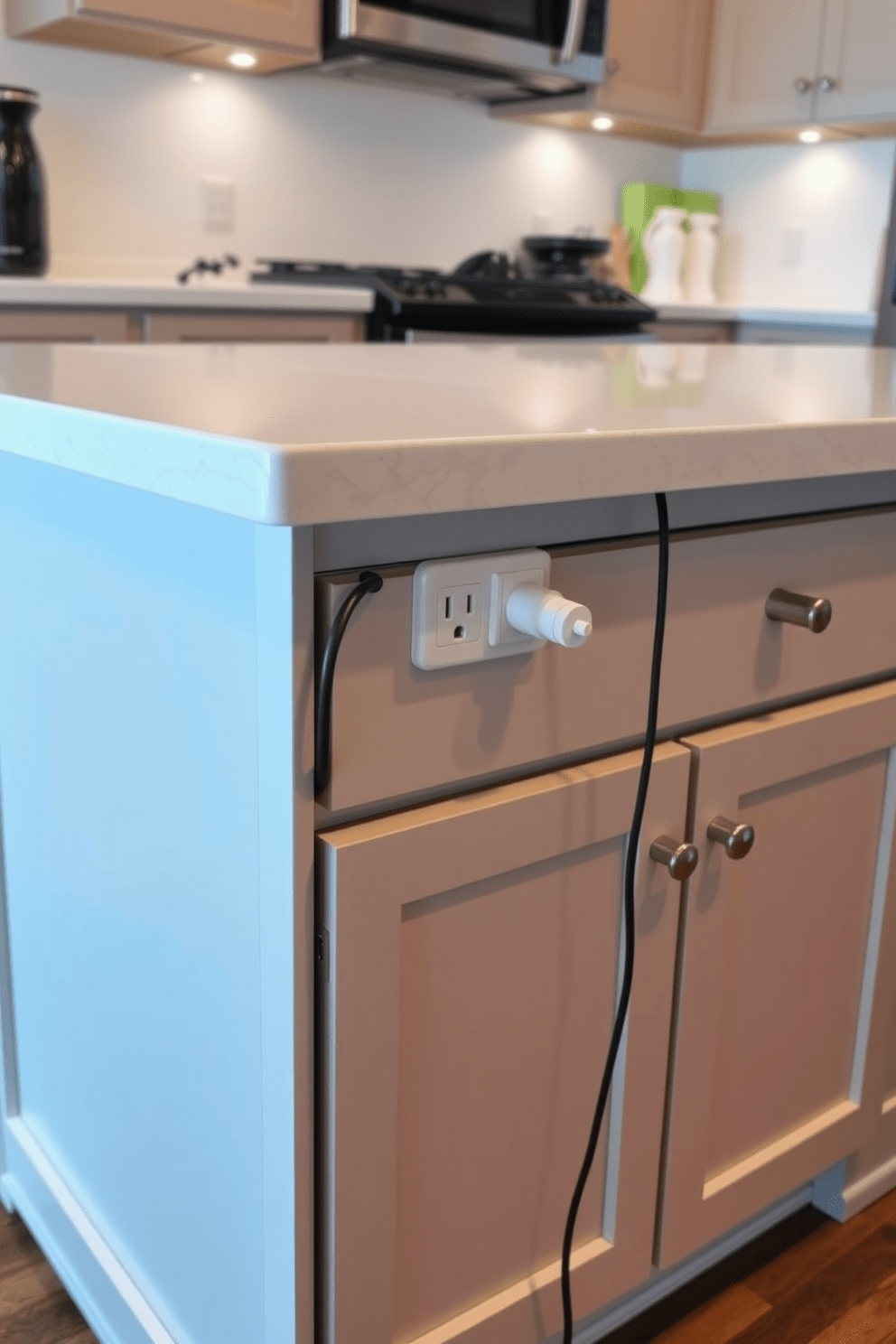 A functional kitchen island featuring multiple power outlets. The island is topped with a sleek quartz surface and includes ample storage space with cabinets and drawers underneath.