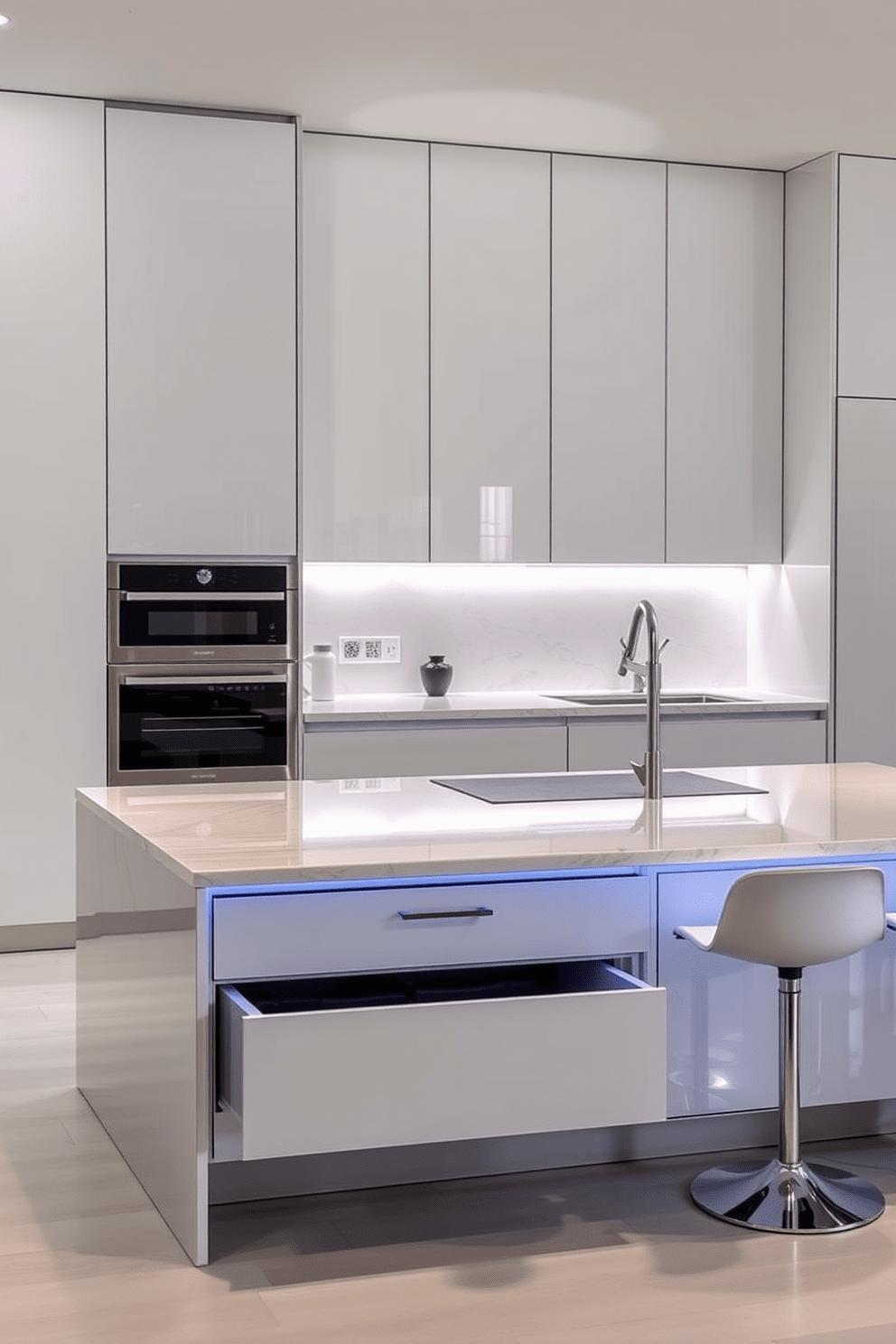 A sleek kitchen island featuring built-in smart appliances seamlessly integrated into the design. The surface is a polished quartz with a waterfall edge, complemented by high-tech lighting that adjusts based on the time of day. Underneath, there are spacious drawers and cabinets equipped with touch-activated mechanisms for easy access. Bar stools with minimalist designs are arranged around the island, creating an inviting space for casual dining and socializing.