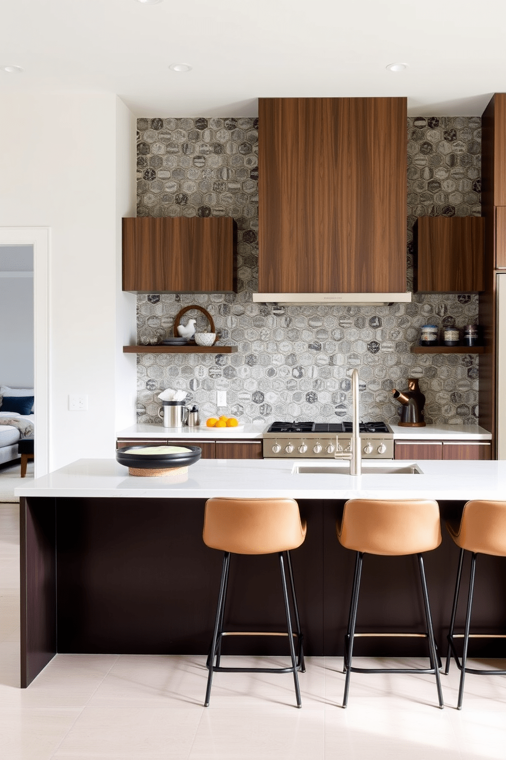 A stunning kitchen island featuring a decorative tile backsplash that adds a pop of color and texture. The island is spacious with a sleek countertop, complemented by stylish bar stools for seating.