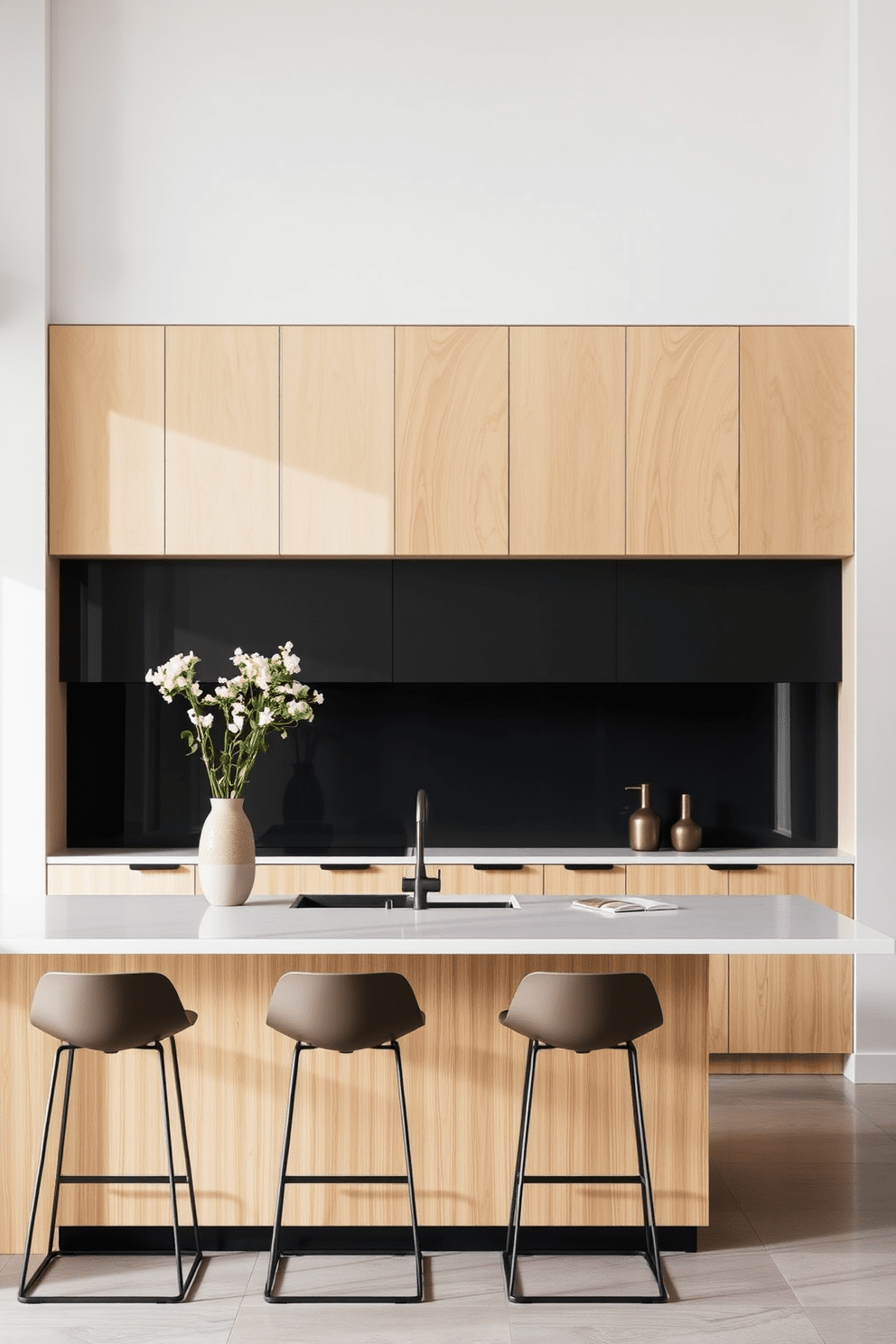 A minimalist kitchen island featuring clean lines and a simple design. The island is crafted from light wood with a smooth white countertop, surrounded by sleek bar stools in a muted color.