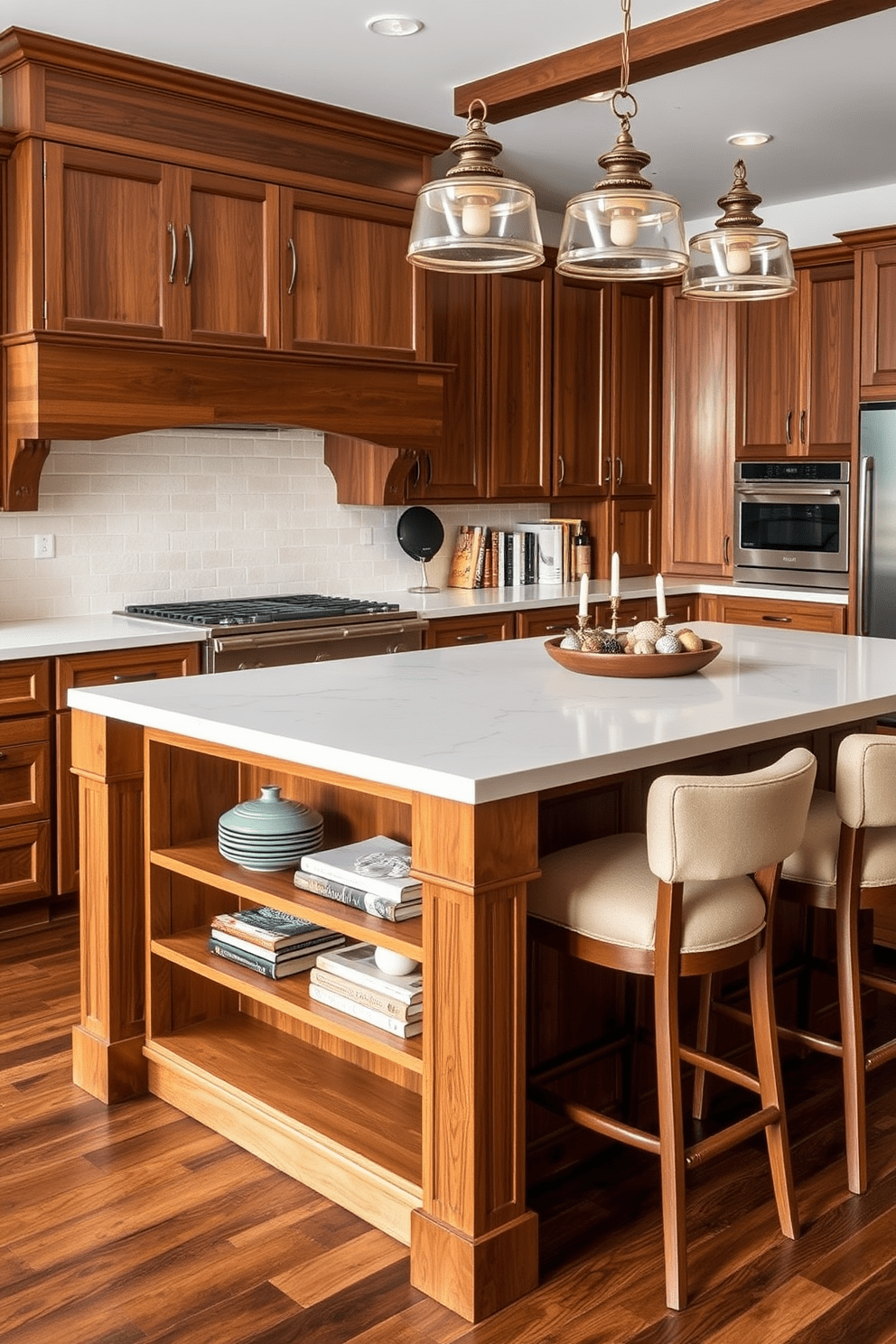 A cozy kitchen setting featuring a large kitchen island with warm wood tones that create an inviting atmosphere. The island is topped with a smooth white quartz countertop, and beneath it are open shelves displaying rustic dishware and cookbooks. Surrounding the island are high-backed stools upholstered in soft fabric for comfortable seating. The cabinetry is a rich walnut finish, complementing the warm tones of the island and enhancing the overall warmth of the space.