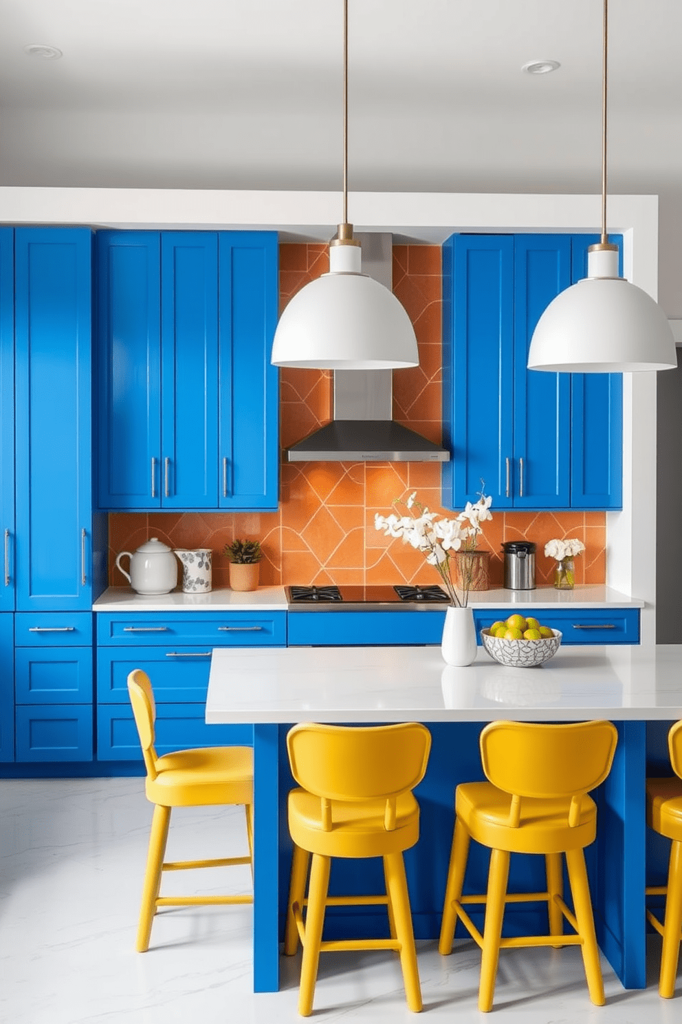 A vibrant kitchen featuring bold color pop with bright cabinetry. The kitchen island is designed with a striking blue finish, complemented by sleek white quartz countertops. Surrounding the island, high-backed stools in a contrasting yellow fabric add a playful touch. Large pendant lights hang above, illuminating the space and enhancing the modern aesthetic.