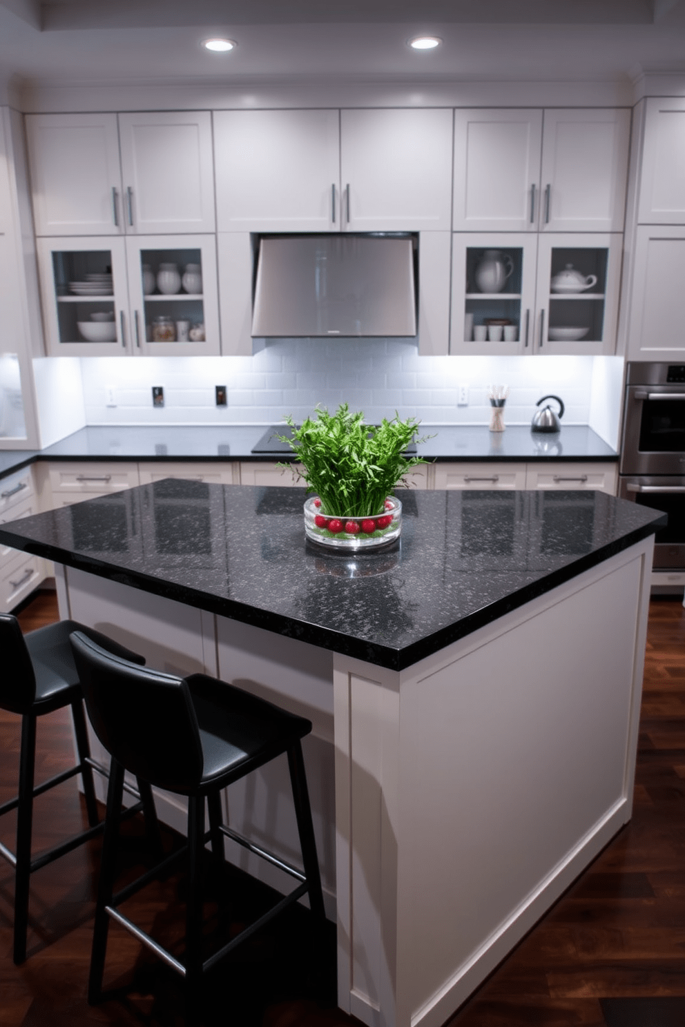 A sophisticated kitchen island featuring a dark granite countertop that contrasts beautifully with the white cabinetry below. The island is adorned with stylish bar stools, creating an inviting space for casual dining and entertaining. Under-cabinet lighting enhances the sleek lines of the island while highlighting the rich texture of the granite. A decorative centerpiece of fresh herbs adds a touch of greenery to the modern design.