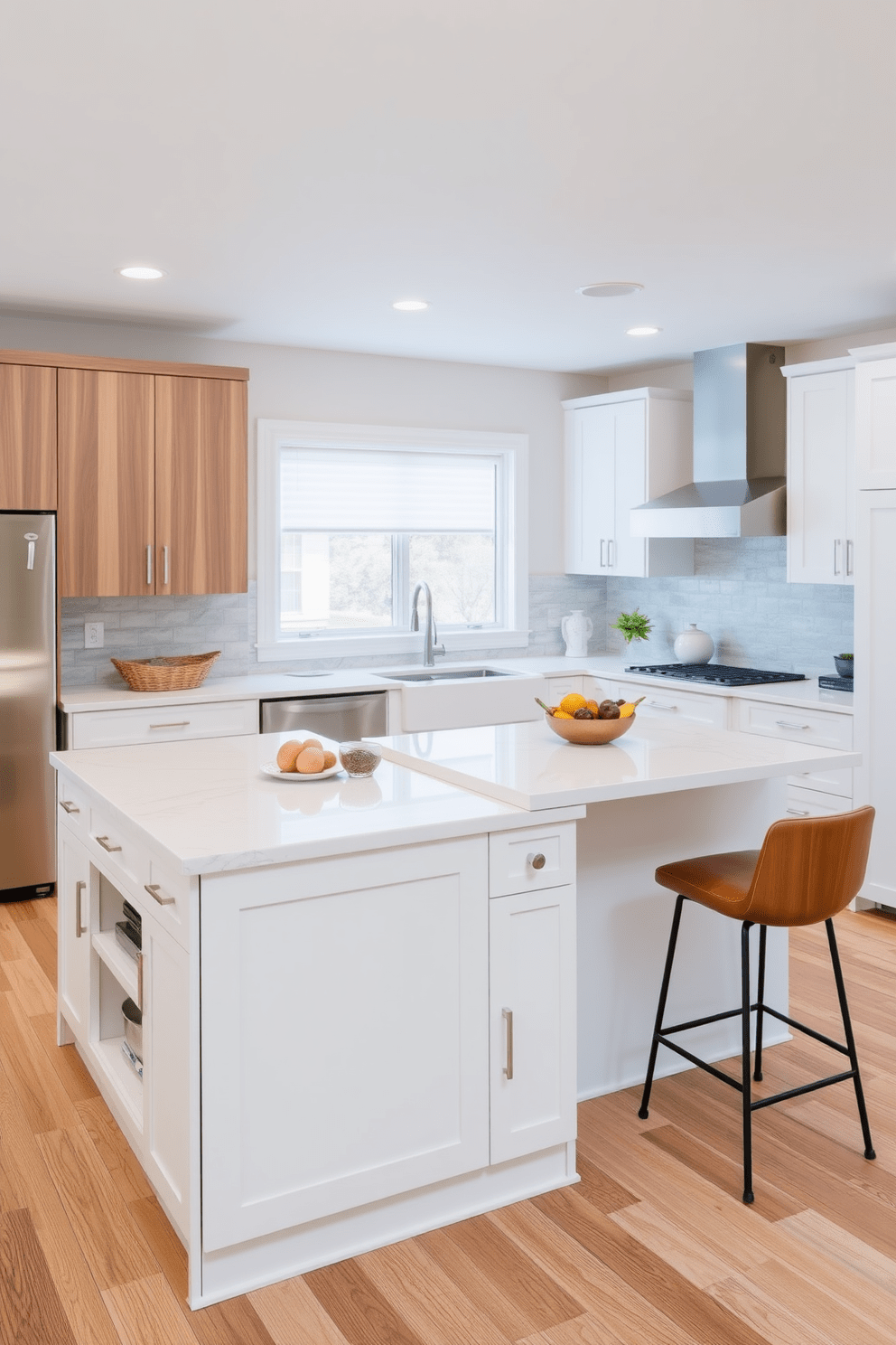 An L-shaped kitchen island designed to maximize space features a sleek quartz countertop with ample surface area for meal preparation. The island includes built-in storage cabinets and a bar seating area with stylish stools, creating a functional and inviting gathering spot.