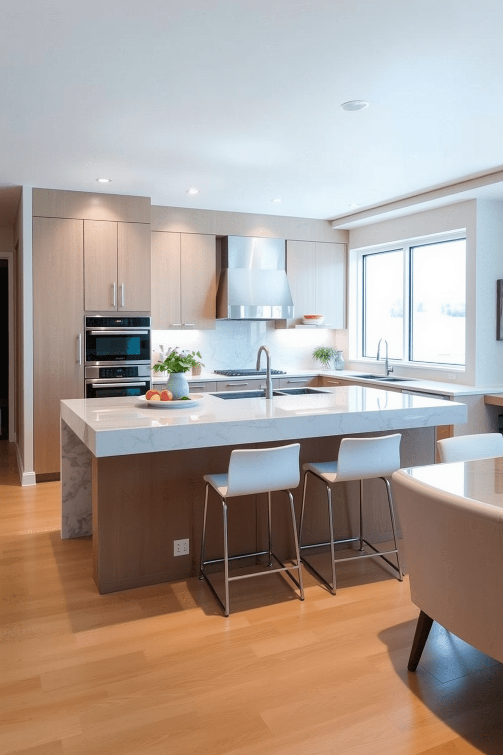 A stunning multi-level kitchen island features varying heights that create visual interest and functionality. The lower section serves as a casual dining area with sleek bar stools, while the higher section provides ample space for food preparation and cooking.