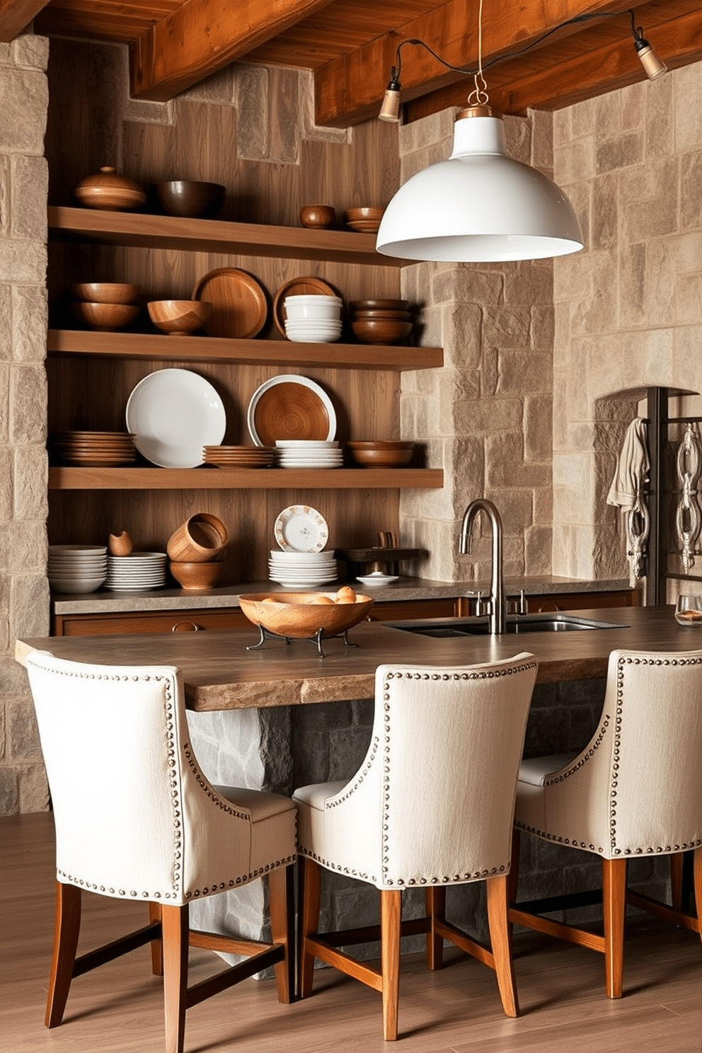 A rustic stone island features open shelving that showcases handcrafted wooden bowls and artisanal dishes. The island is surrounded by high-backed stools upholstered in soft, neutral fabric, creating a warm and inviting atmosphere.