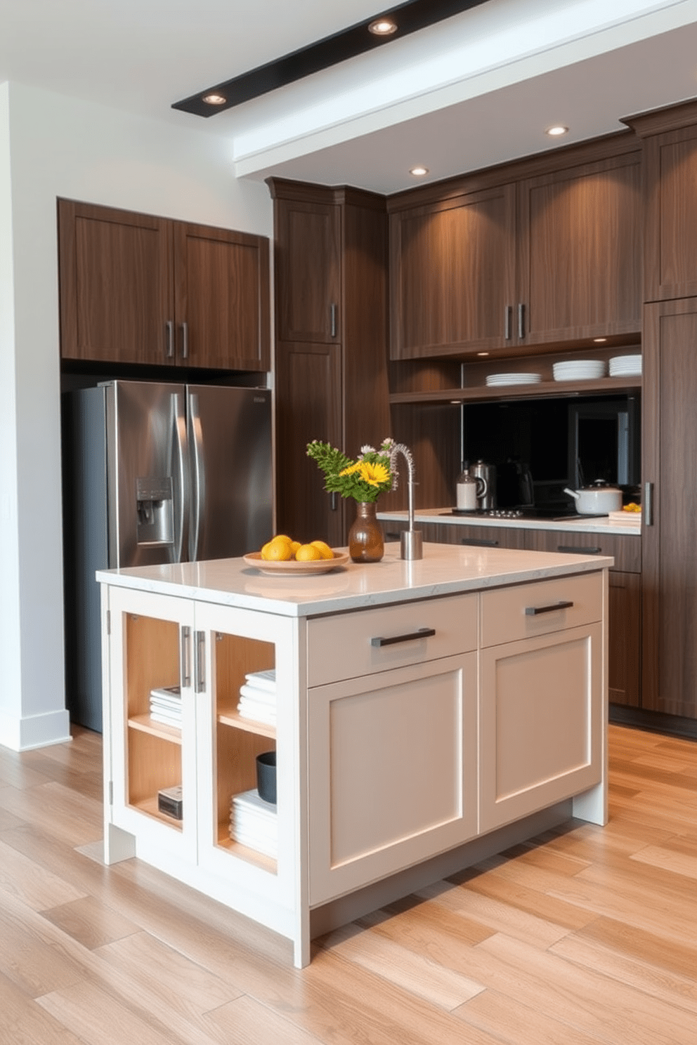 A compact kitchen island featuring sleek cabinetry with hidden storage solutions. The island is topped with a durable quartz surface, providing ample space for meal prep and casual dining.