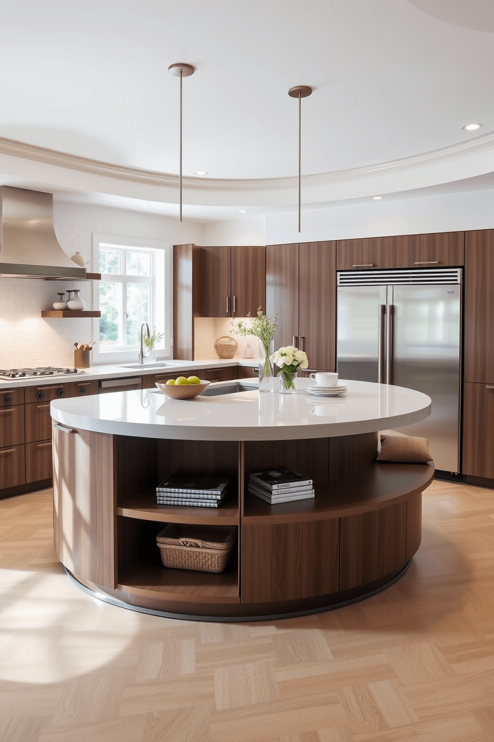 A circular kitchen island serves as a central hub for cooking and socializing. Its smooth, curved edges promote easy movement and create a welcoming atmosphere. The island features a sleek countertop made of polished quartz with integrated seating on one side. Below the countertop, ample storage is available with stylish cabinetry that complements the overall kitchen design.