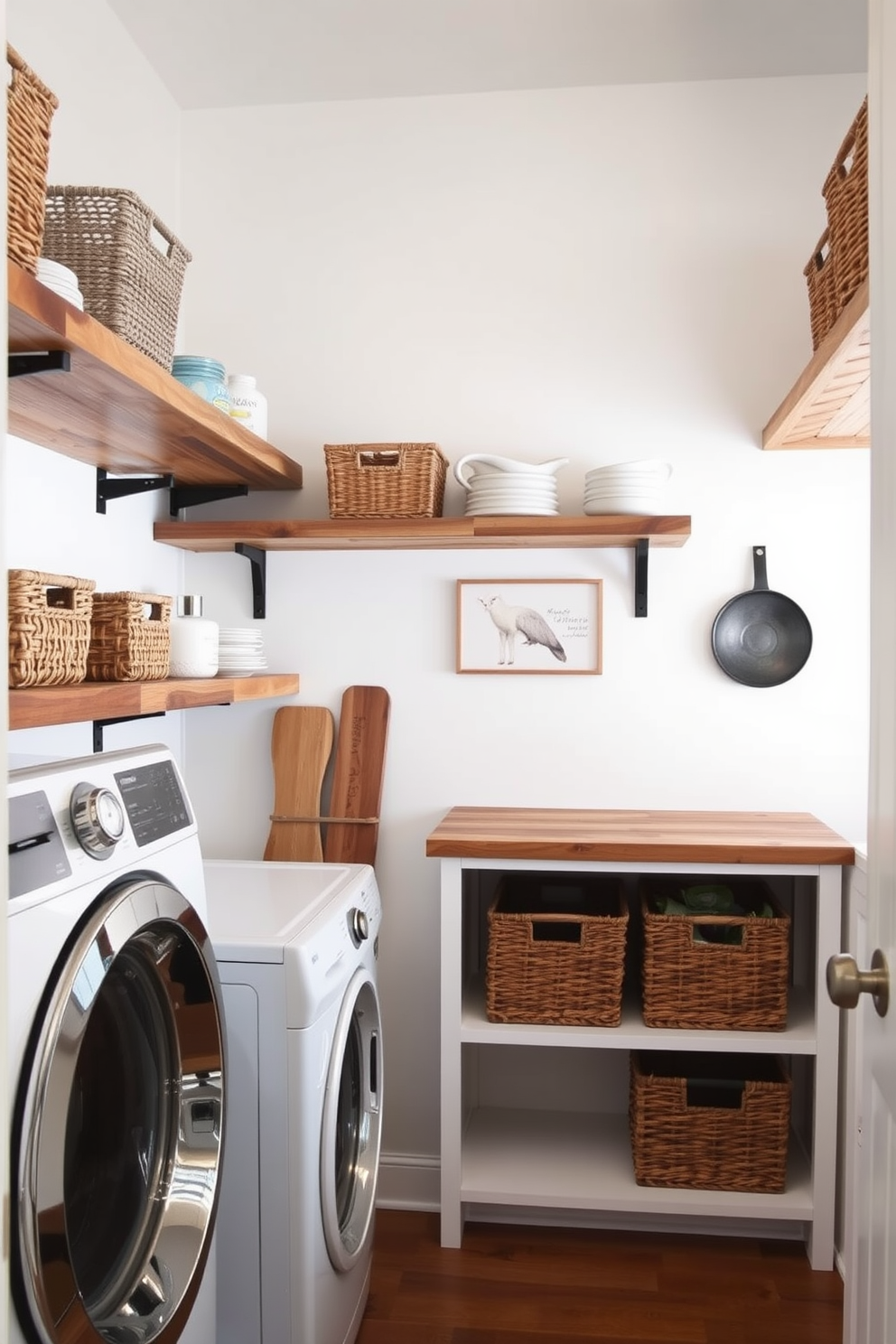 Open shelving lines the walls of a modern kitchen laundry room, providing easy access to essential items and a stylish display for decorative storage baskets. The shelves are made of reclaimed wood, adding warmth to the space, while the walls are painted a soft white to enhance the light and airy feel.